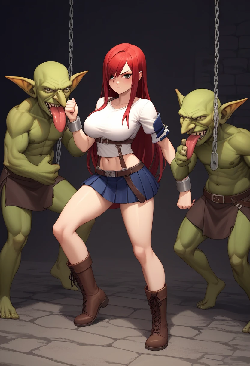score_9, score_8_up, score_7_up, source_anime, sakimiya iruka, red hair, green eyes, one side up, medium hair, green scrunchie, hair ornament, shiny skin, rating_explicit, large breasts, large ass, completely nude,(tearful), (tears:1.2), (sweat:1.3),(open mouth, shout:1.2), (steam on body, heavy breathing), (trembling:1.4), drooling, (bouncing breasts, unaligned breasts), (motion lines:1.5), (motion blur:1.2), orc,(2bigmen, vaginal penis, anal sex, anal sex from behind, double_penetration, group sex:1.3), suspended congress, (huge penis:1.5),(cum in pussy:1.5), (excessive cum:1.3), pole dance, on stage, from below