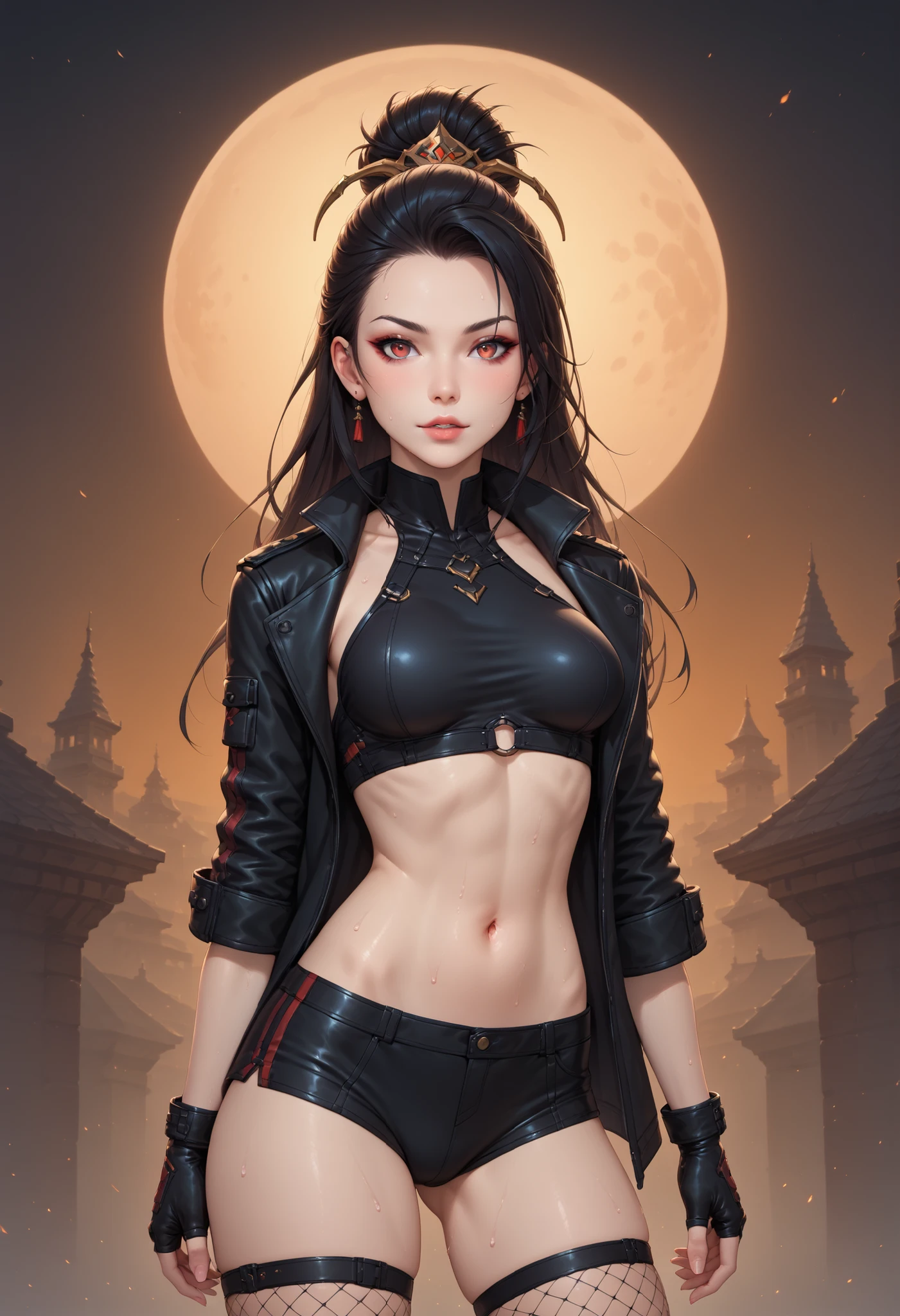 zaffa, solo, fishnets, mask, black hair, long hair, navel, gloves, looking at viewer, fingerless gloves, Standing on a rooftop of a city building late at night, under a red full moon, medium breasts, dynamic pose, shuriken, sweat, kunai