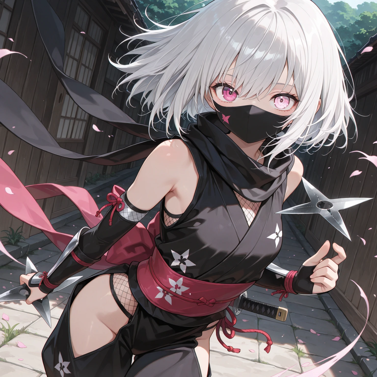 masterpiece, extra limbs,(1 child),(light gray shaggy cut), slant eyes, blank navy eyes, flat chest small nipples small areolas,pale white skin athlete skinny body,sullen,on one knee,(((clothed ninja:1.4))),(holding a dagger:1.7 with her right arm),((alley,midnight))
