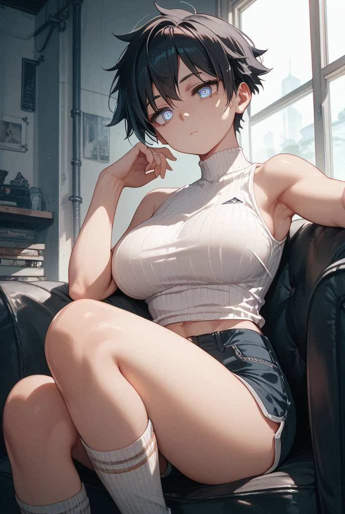Cute high school girl, many scars and bruises, slender body, sitting in waiting room crying, hands covering face, very sweaty, short black hair, poor body, small breasts, sports bra, high leg shorts, open finger gloves