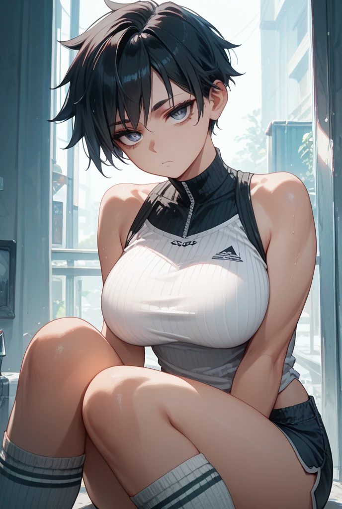Bobcut、Black-haired 、、Sweating at the gym、Desperate form、Clothes are soaked with sweat、indoor、A lot of people are watching、Composition from directly behind、Huge breasts、Plain white panties、in motion、Grit your teeth、Squat、Legs open more than 180 degrees、With legs wide open、Embarrassing