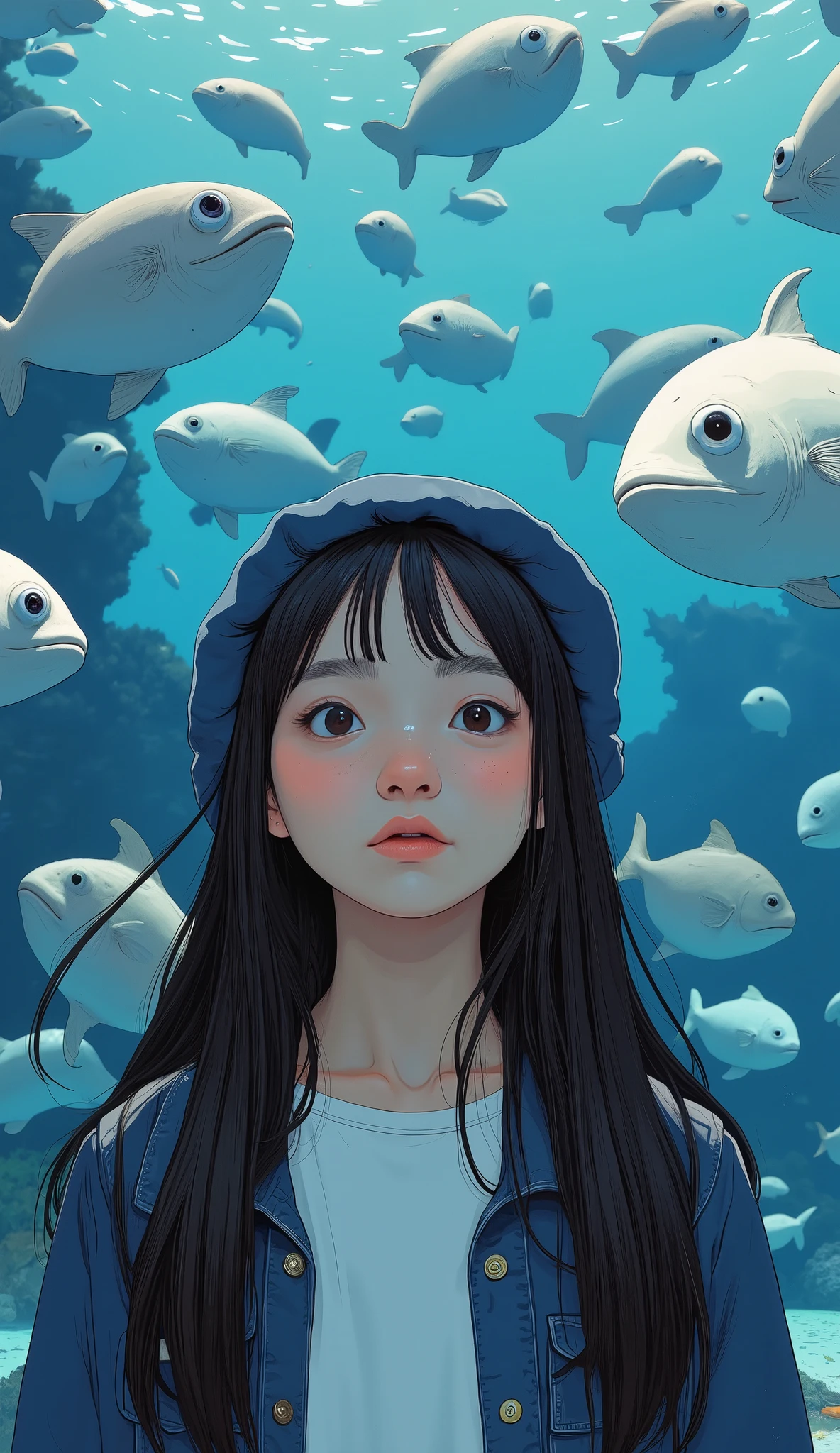 super realistic 、 photorealistic 、Woman visiting an aquarium , clean white skin 、My hair、 beret、Long Hair with Volume 、 wearing a white shirt inside a dark blue jacket 、 beautiful woman、 front shot、 upper body、A large group of sardines are swimming like they are orbiting in a large tank