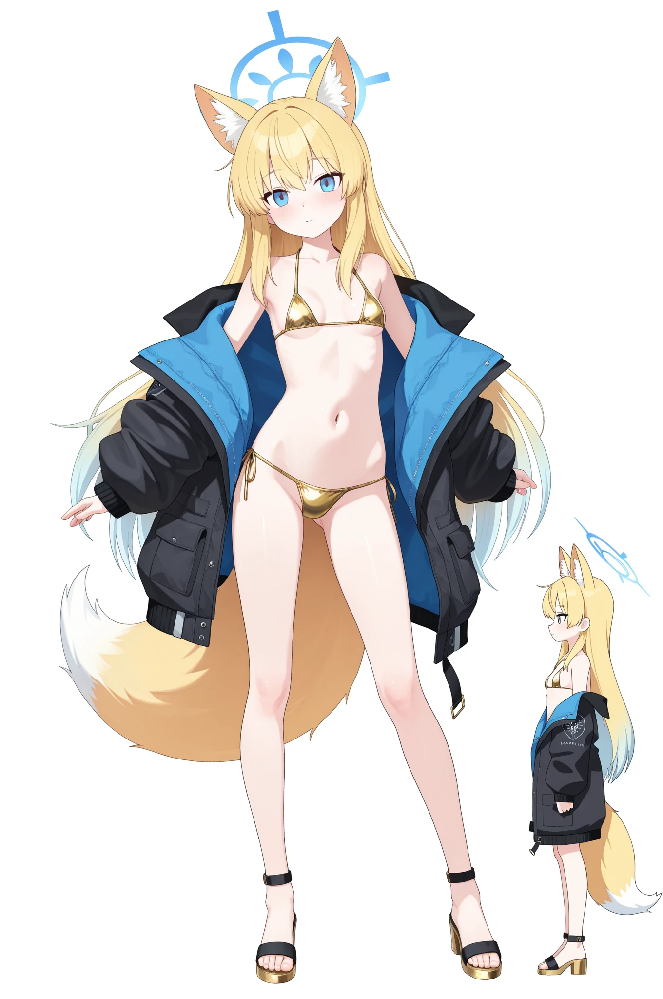 Shark girl, anthro, toddler, cute hair, long ponytail, blonde hair, blue eyes, small breasts, detailed body, furry ears, shark nose, ((goggles, blue jacket, open clothes, black micro bikini)), masterpiece, looking at you, two tone body skin, gray body skin, clear gray body skin, detailed face, detailed eyes, detailed body, perfect lighting, perfect shadows, perfect eyes, perfect hair, perfect face, gorgeous body, detailed hands, glistering body, shiny body, skinny, spectacular effect, beach, clear sky, fangs, :3, full body, feets with three toes, control of water magic, water power, water, action: water control magic, water particles, pussy cameltoe, pubic hair