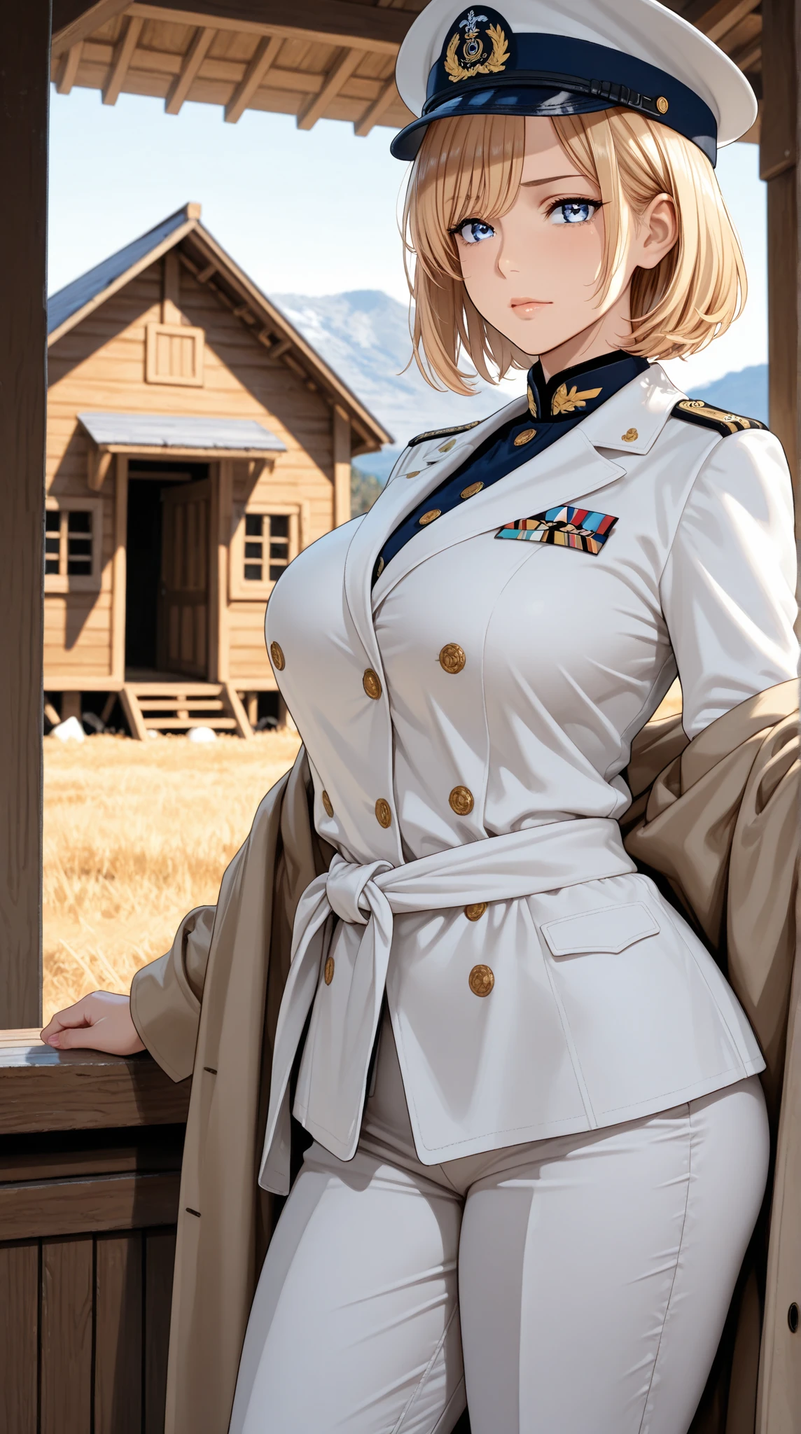 masterpiece,best quality,absurdres,high resolution,extremely detailed,game cg,1girl,narrow waist, large breasts, blonde hair, blue eyes, smile, full-face blush , boots holding tea cup,ww1era,khaki uniform, slouch hat, cowboy hat,<lora:redcoatXLv1:0.9>,
