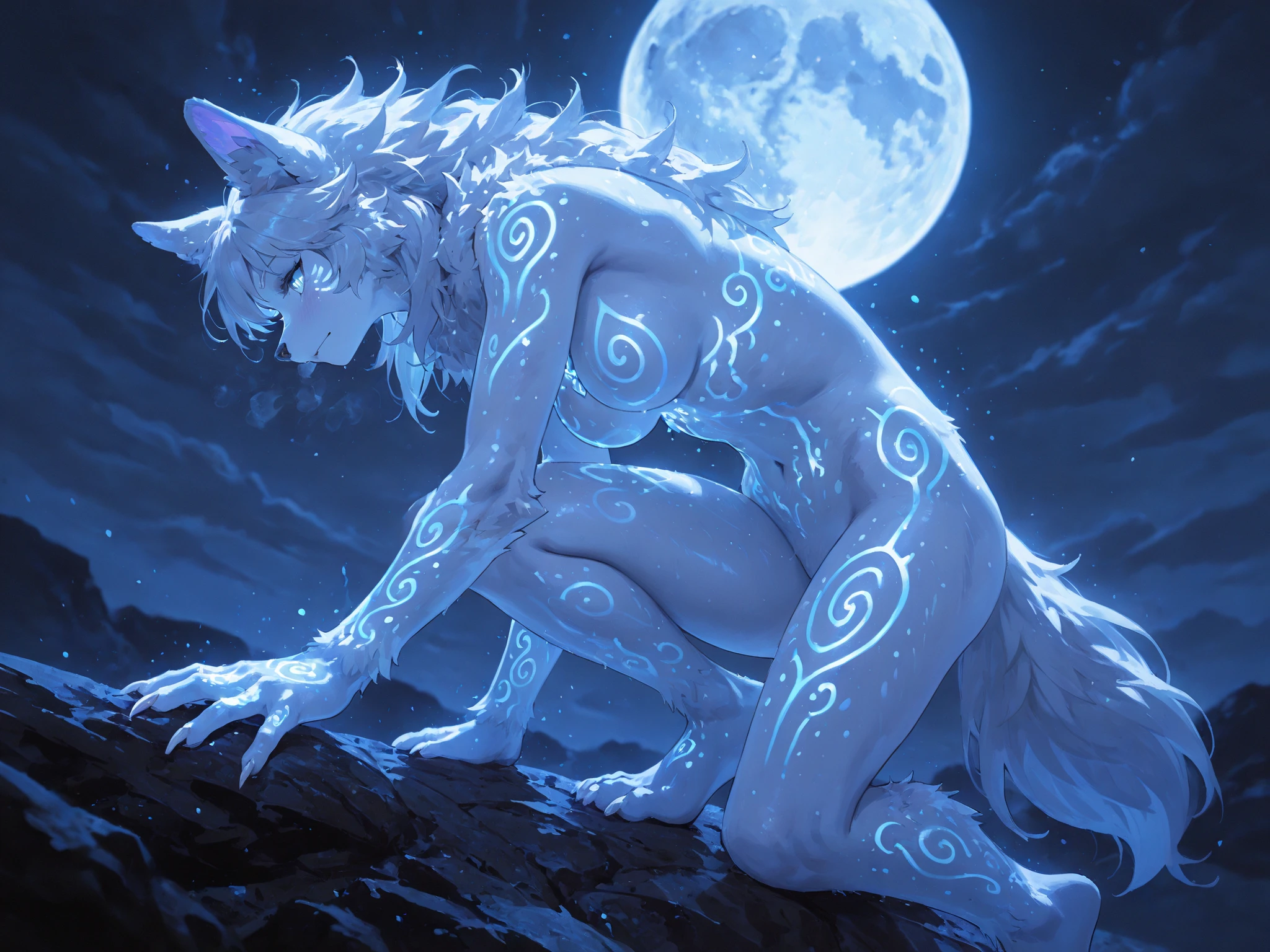 ultra-detailed, masterpiece, masterwork, high quality, best quality, hdr, (nature, night), posted on e621, (by hioshiru), nsfw, female, solo, (white body minotaur), hairy dragon, (little tits), (long silver hair, yellow eyes), stylish pose, from below, dynamic angle