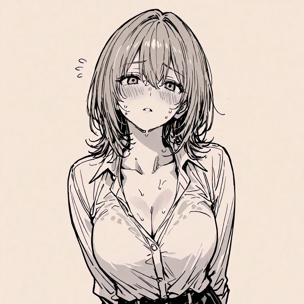 1girl,breasts,makima (chainsaw man),ringed eyes,red background,solo,large breasts,smile,looking at viewer,navel,braided ponytail,braid,red eyes,simple background,open clothes,no bra,bangs,underboob,long sleeves,grin,upper body,jacket,monochrome,long hair,sidelocks,stomach,parted lips,clothes lift,from below,shirt,suit,spot color,formal,red theme,pants,hand up,