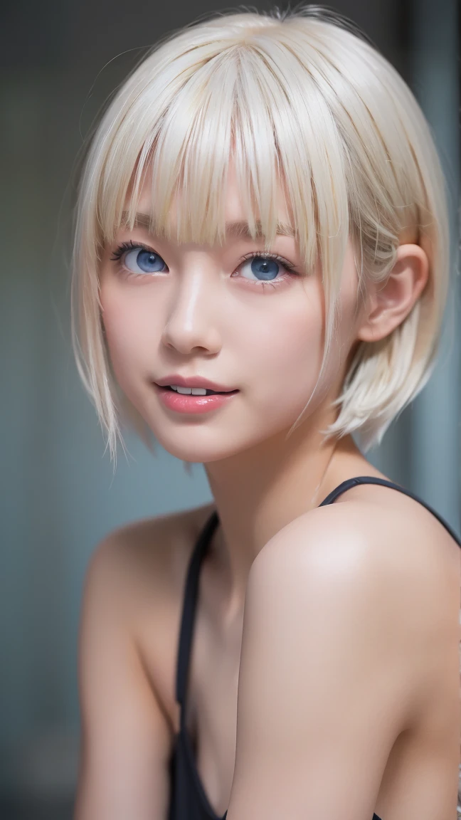 (masutepiece, Best Quality:1.2), 8K, 85 mm, Official art, Raw photo, absurderes, Platinum Blonde Hair, (Blue eyes, Idol face, All nude,fullnude, Beautiful Girl, Film grain, chromatic abberation, Sharp Focus, face lights, Dynamic lighting, Cinematic lighting, Detailed face, Bokeh background,short cut hair