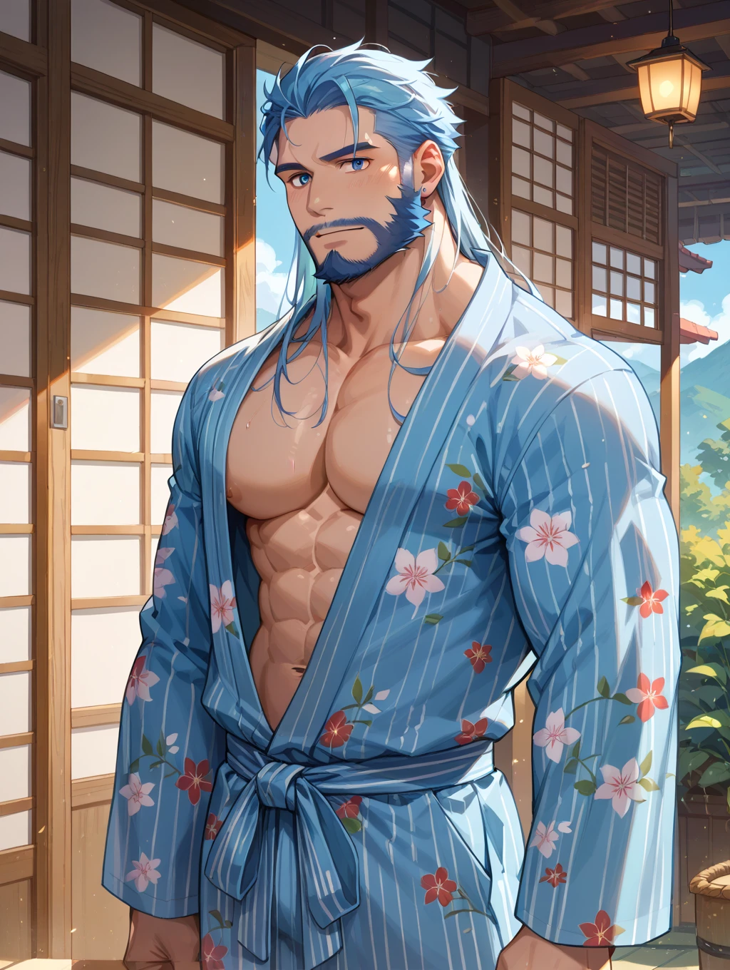 An award-winning original photo，A wild muscular man, (40 years old daddy:1.1), 1boy, Solo, round face, beefy body, (big shoulders), musculature, stubbles, Short beard, Beautiful eyes:1.3, (Detailed face:1.3), wearing glasses, smiles, Dynamic Angle, volumetric lighting, (Best quality, A high resolution, Photorealistic), Cinematic lighting, Masterpiece, RAW photo, stock photo, Intricate details, hdr, depth of field, upper body shot, George Pei, Chris Redfield, a gay man, sexy, muscular, strutting outdoors, gorgeous detailed eyes, detailed face, scruffy stubble, pouring rain, outdoors, (yukata outfit:1.5), (open clothes:1.5),  with bulge, bokeh, depth of field,