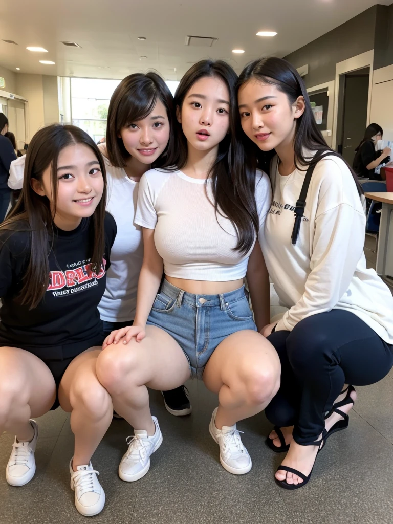 3 naked Japanese girls, lifting shirts, ((thigh up nude photo)), ((with hoodies)), Neat and clean, Photo-real, detailed, Skin Texture, ultra-detailed, naughty smile, Super Detailed childish Face, Detailed lips, detailed eyes, tiny chest, Smaller chest, mall, flat breast, Bright childish face, slim body, (((naked))), various hairstyle, various childish face, standing upright, facing towards me, childish cute face, looking at me, naughty smiling, 3 girls