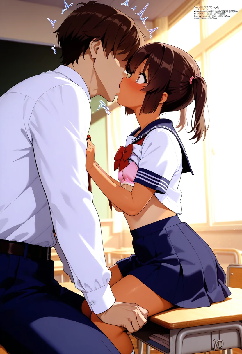 shinkai makoto, kimi no na wa., 1boy, buzzcut, boy is behind girl, boy touching girl's , breast grope from behind, grab, grabbing chest, hug back, hugging, neck kiss, 1girl, bangs, black hair, blush, open mouth, brown eyes, tear eyes, collared shirt, open mouth, red headband, red ribbon, red bow, school uniform, short hair, white shirt, skirt,night, indoors, night at classroom, dark classroom, 1boy buzzcut,