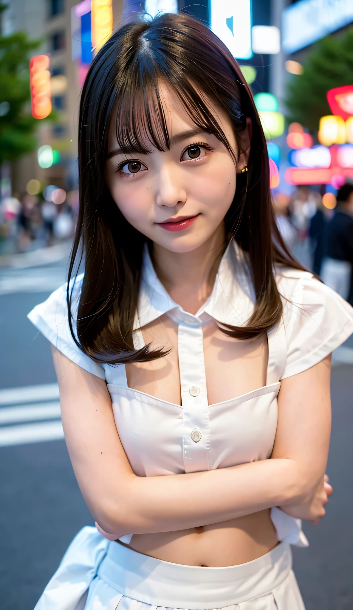 Tokyo, Shibuya Scramble Crossing, crosswalk, (8k, ultra-high resolution, highest quality, masterpiece:1.2), Masterpiece, best quality, illustration, ultra detailed, finely detailed, high resolution, 8k wallpaper, perfect dynamic composition, beautifully detailed eyes, (((She lifted her skirt with both hands to reveal her white panties))), (8k, RAW photo, best quality, masterpiece:1.2), (realistic, photo-realistic:1.37), ultra-detailed,
1 girl,cute, solo, beautiful detailed sky, detailed cafe, night, sitting, dating,(nose blush),(smile:1.1),(closed mouth)
medium breasts, beautiful detailed eyes,(collared shirt:1.1), bowtie,pleated skirt,(short hair:1.2),floating hair