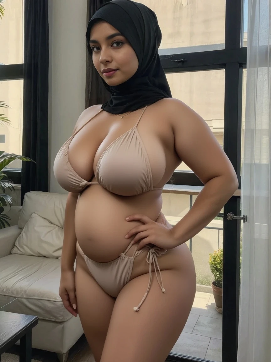 araffe woman in a blue bikini and hijab posing on the beach, thick body, thicc, beautiful thick female, blue bikini, voluptuous body, thick, wide hips, curvy body, with beautiful exotic, widest hips, curvy model, full body shot in bikini, beautiful curves, curvy hourglass figure, voluptuous figure, at the beach