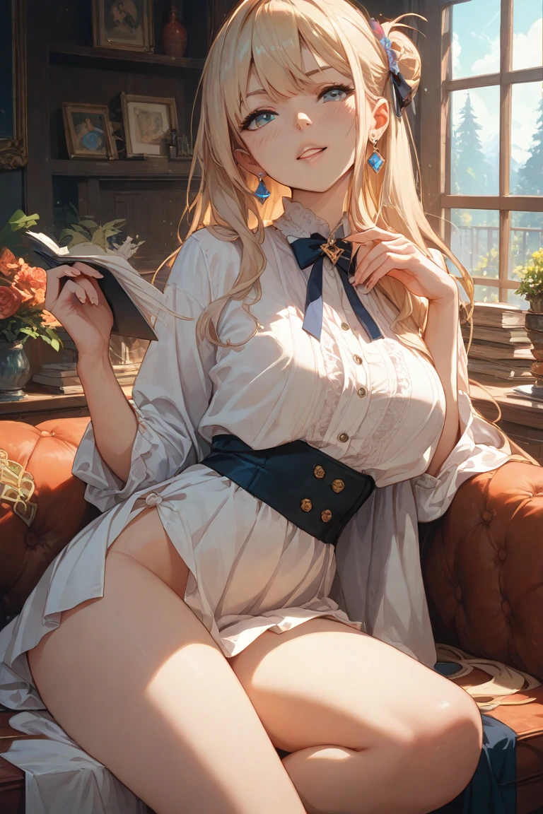 debris flies, highest quality, Highly detailed CG Unity 8K wallpaper, sexy witch , long dark blonde wavy hair、off shoulder knit, dark blue pleated skirt, stockings、medium breasts, saggy breasts, Pose that emphasizes the chest, blush, shy smile, bare shoulders, (lace panties、((open your legs wide、please open your knees))）、、nice magic book、church bed、lying in bed、、Dark blue bra
