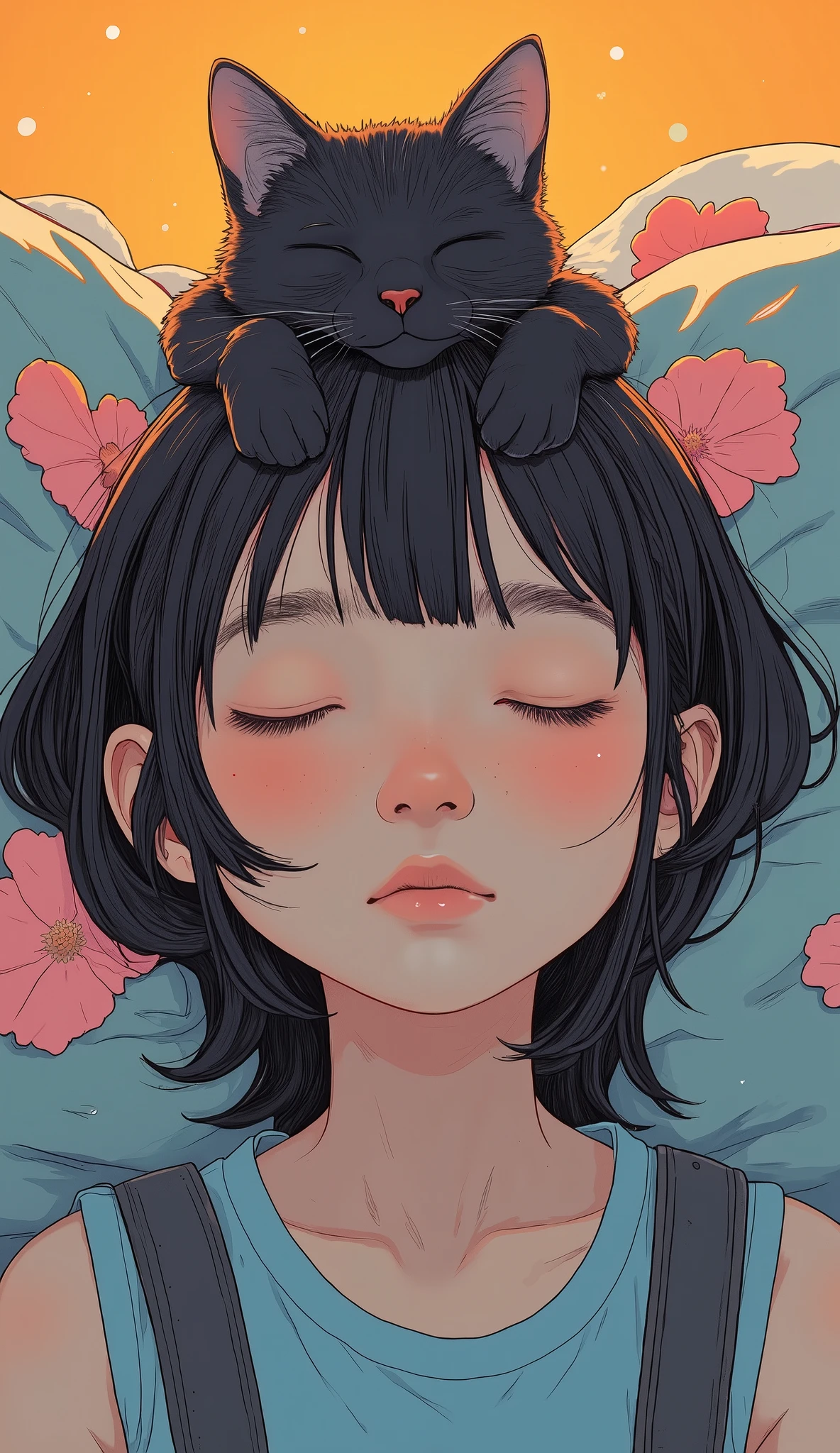Anime girl with a black cat sleeping on her shoulder, artwork in the style of Gwyds, Gwyds, cat girl, cute, Anime Cat, anime cat girl, beautiful anime cat girl, cute anime cat girl, Neat Detailed Anime Art, Gwyds and makoto shinkai, Ross Tran and Studio Ghibli , Gwyds masterpiece