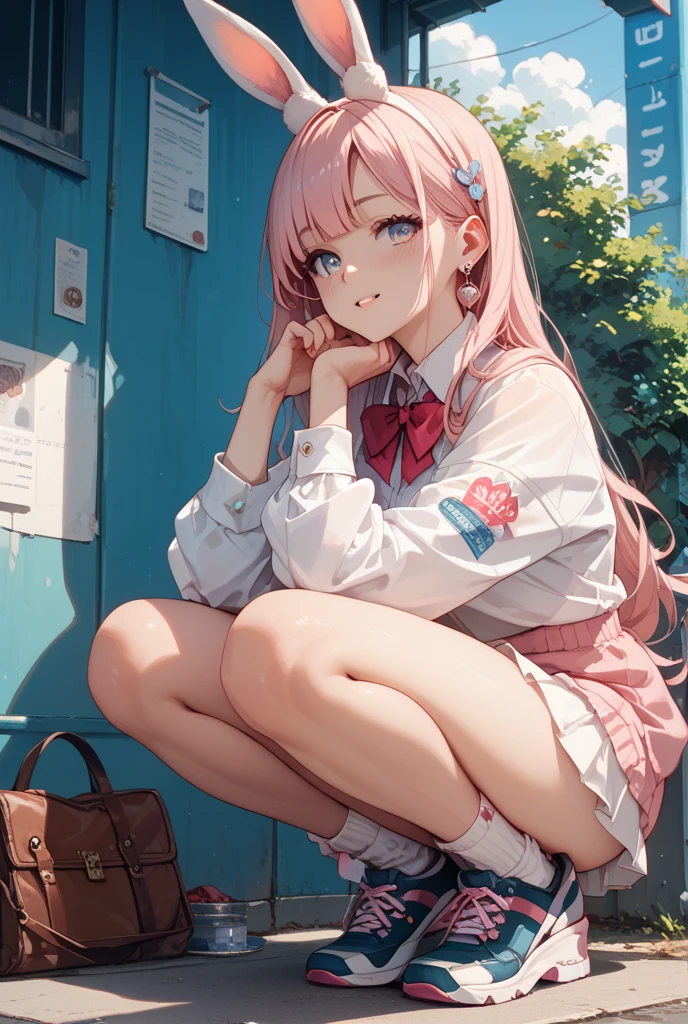 Color gas,Girl with pale pink hair,blue eyess,sitting on ground,short skirt,white panties