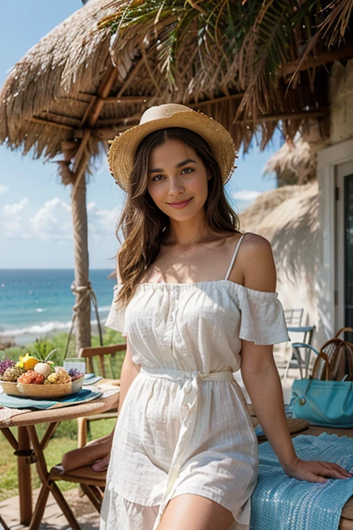 breathtaking woman, long brunette hair, glasses, smiling, lightly tanned skin, wearing a brimmed hat, sleeveless strapless sheer dress, artistic patterned dress, colorful dress, staring at the viewer, standing in front of a window with a view of her backyard, brightly lit room . award-winning, professional, highly detailed