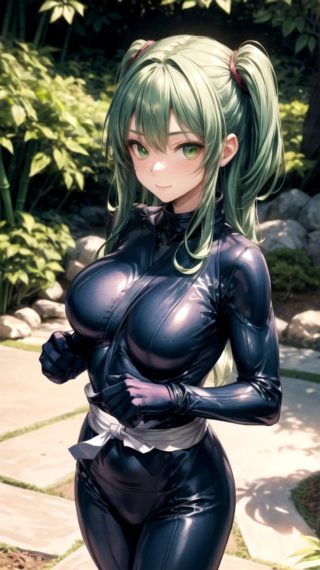 Meisterwerk, Atemberaubend realistisch, fotorealistisch, best quality, Sharpness,1 girl 15 years old,arms behind back,stehend in einem modernen Wohnzimmer,cute smile, green hair,Red eyes,Lange Haare,glatte haare,mittelscheitel,tight longsleeve,skinny jeans,middle large breasts