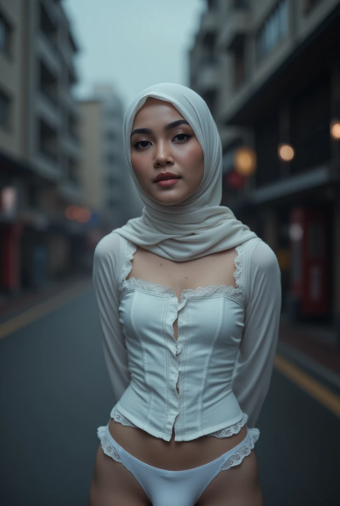 Design a surrealistic portrait of the Malay woman in her white dragon queen ensemble with hijab, with a mirror-like surface reflecting the neon hues below, creating a mesmerizing and dreamlike atmosphere.