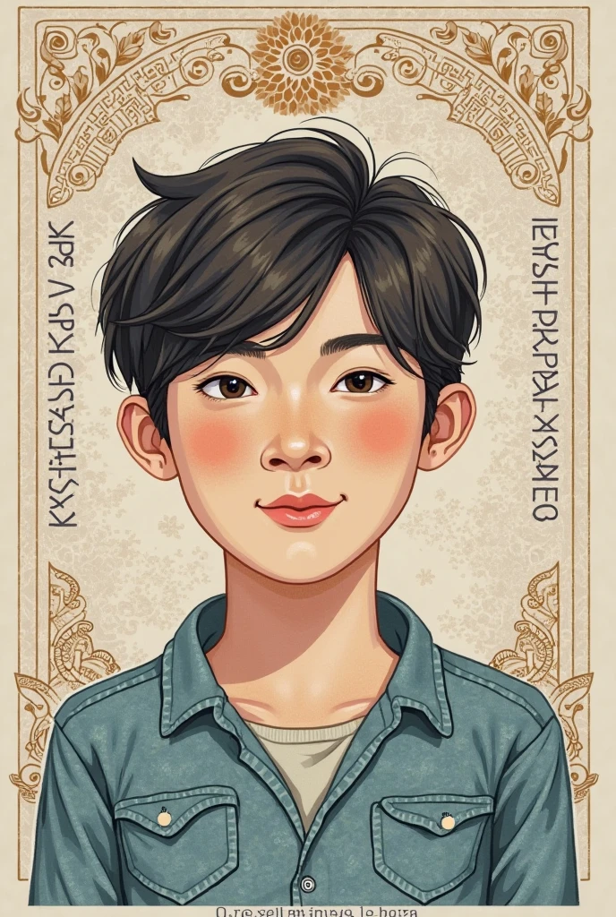 Smart,Korean young boy with hindu shiv tilak and set background hindu mantro