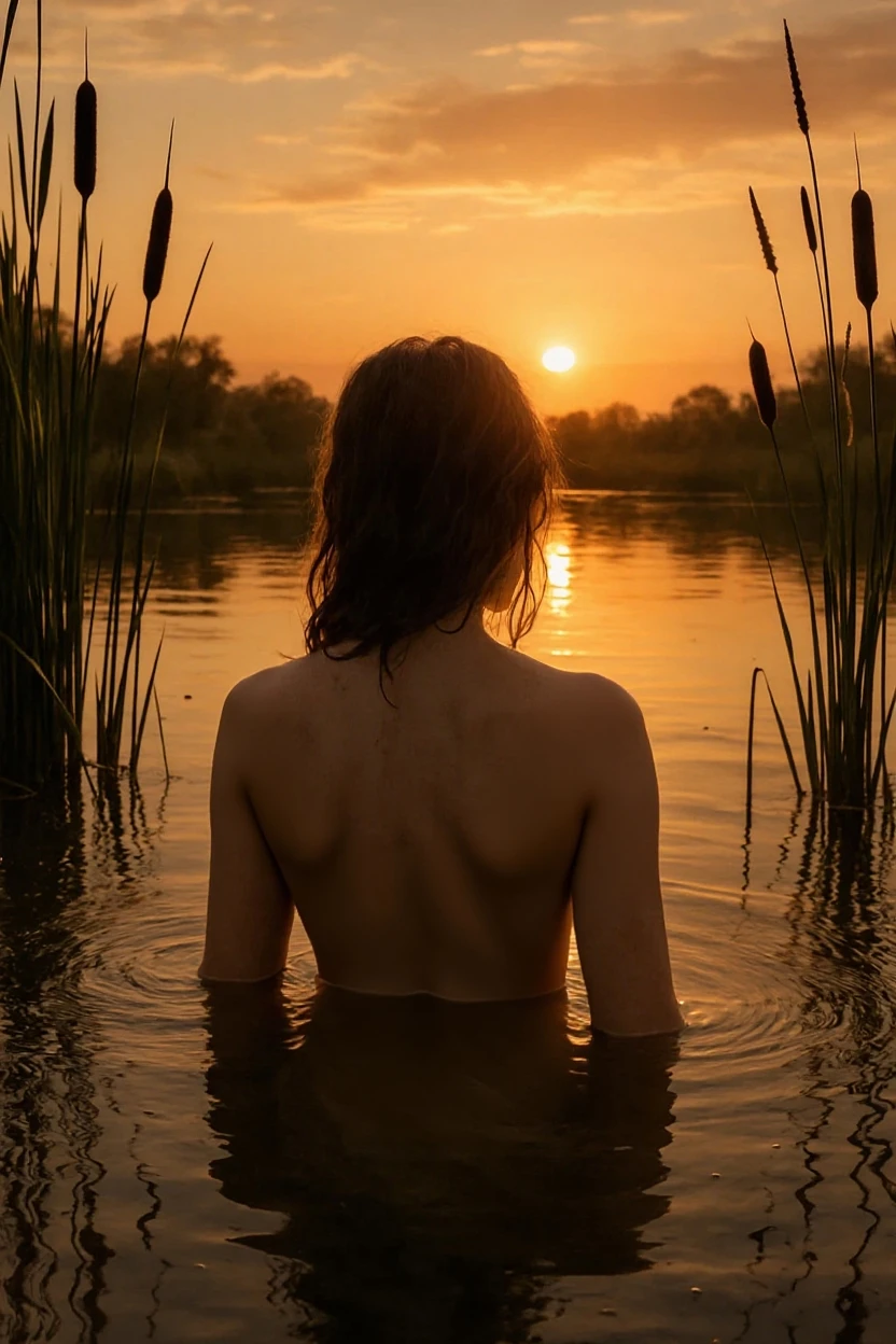 A white man, at 3, model type, with short dark hair, with clear eyes, All of us, standing backwards, looking at the camera and showing her ass in a lake in Alentejo at sunrise
