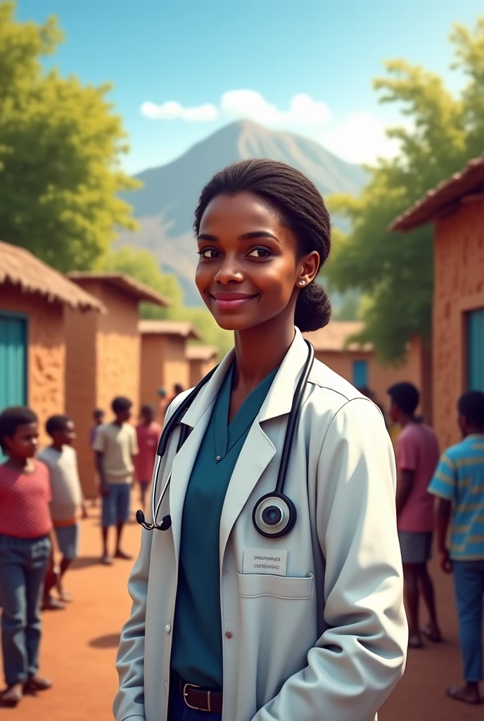,Generate an image of black beautiful lady in a nurse scrubs in a village setting 