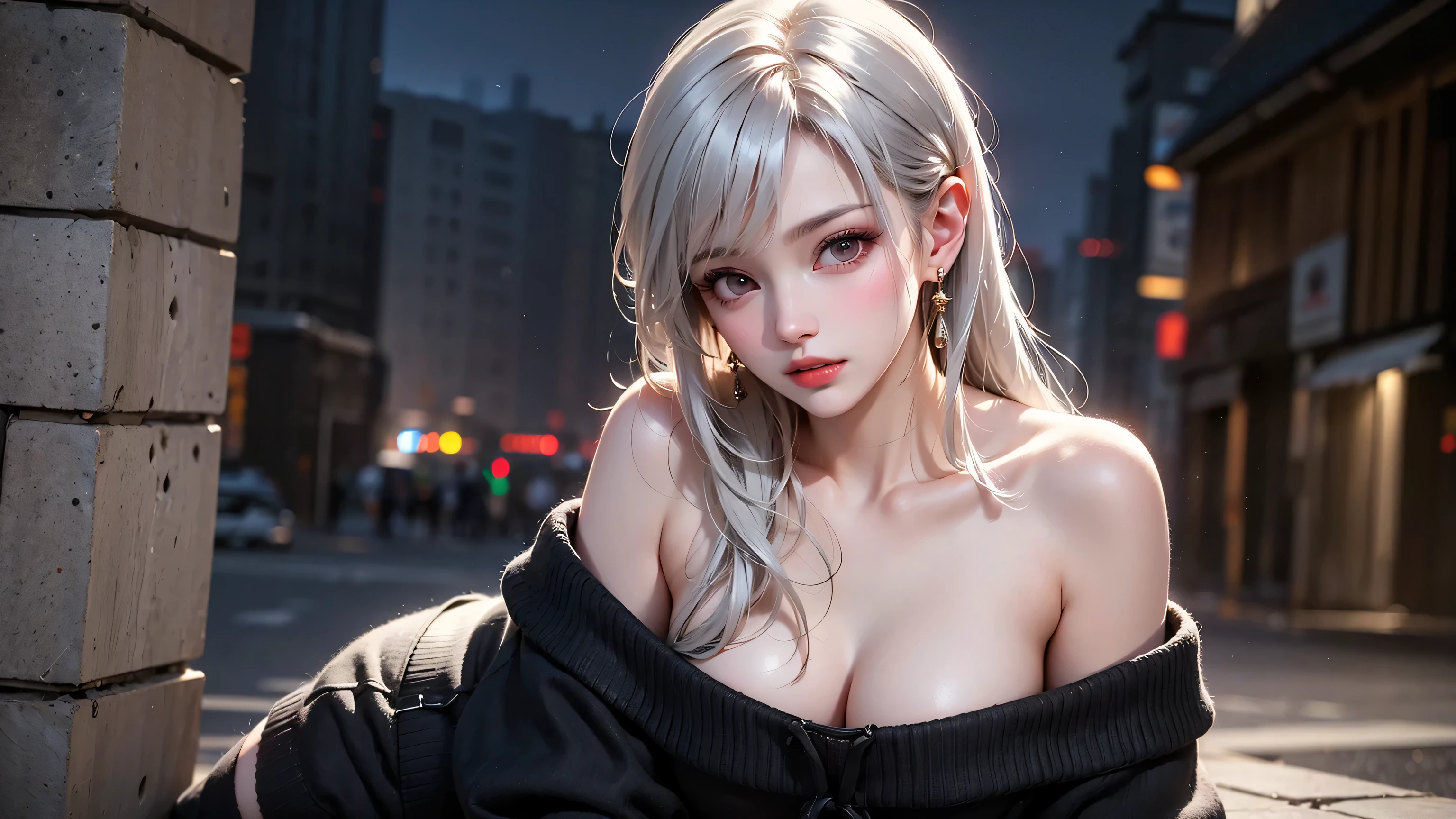 (masterpiece, highest quality, 8k, Sharp focus, Depth of written boundary, Best Shadow, Perfect lighting, High resolution, Realistic skin texture, ultra-detailed background, detailed), Anime Style, Two women kissing (One of them has green eyes., White skin, Black hair ponytail, choker, Small breasts, slim, compensate, eyeliner, Sparkling), (The other woman is blonde.), At the nightclub, Cyberpunk Theme, Cyberpunk City.