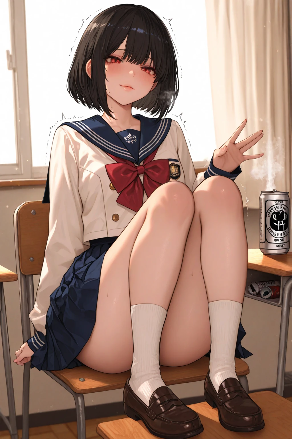 (1 person、alone), Beautiful woman, (Anatomically perfect body, Slender、(High school girls、Sailor suit:1.2)、 (Look down:1.2)、17 years old、(Highest quality)、Black Hair, (half updo:1.2), classroom、(8K, High resolution)、(shy:1.4)、small breast, (Thin legs、Small Ass)、(steam:1.1), (embarrassed:1.3), Black socks、Brown Loafers、High definition face、wide shot、(Pussy juice:1.2), (extra detailed panty), Sitting on the floor、knees to chest, Cover your crotch with your hands, tears