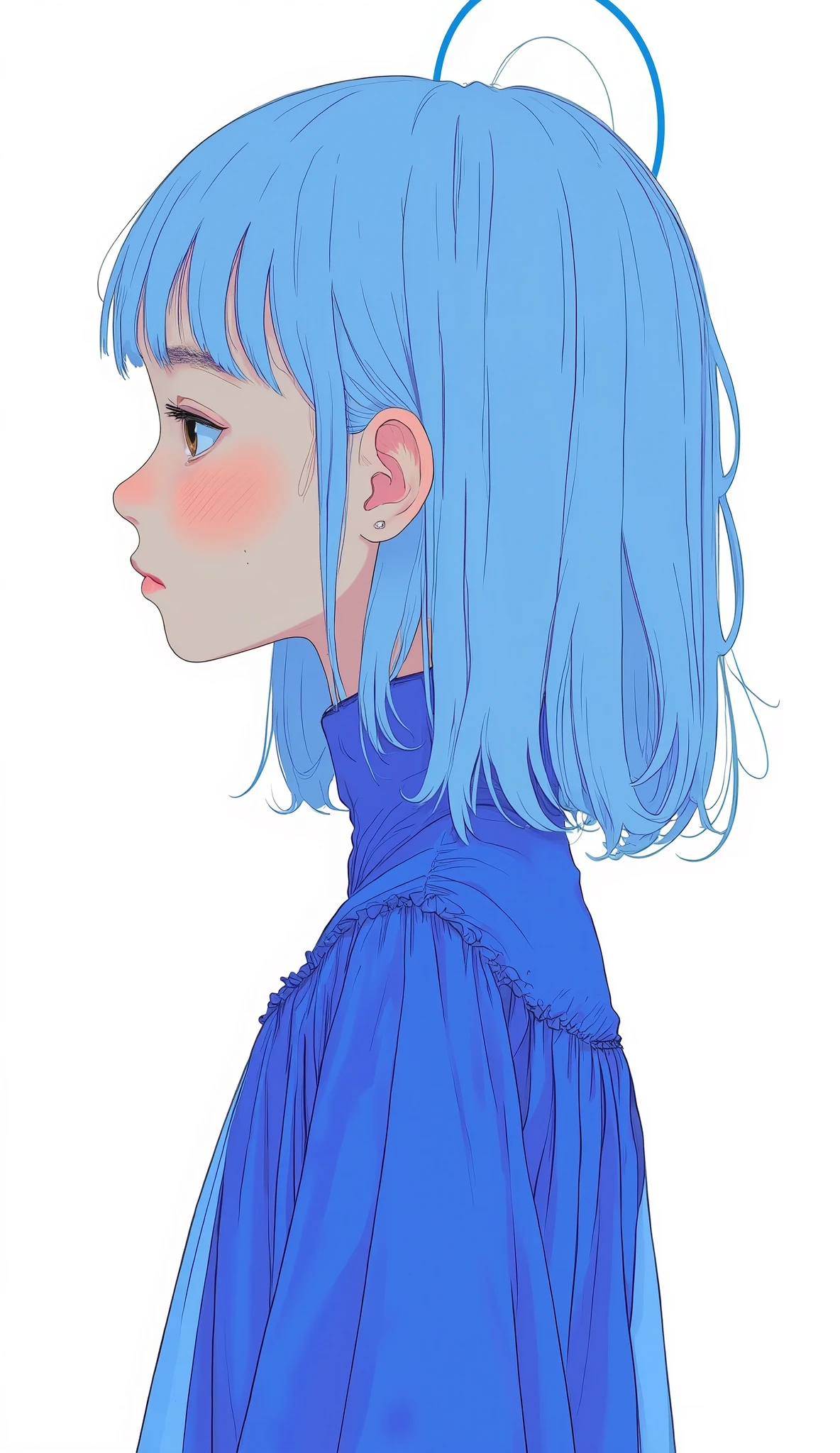 The minimal portrait、expresses a profile adorned with bright blue and white hues. The characters are deep royal blue She is wearing a flowing costume and、Pure, white background, creates an eye-catching contrast. The costume is delicate, The sheer veil flows down gracefully, emphasizes the subtle texture of the image. is enhanced by a circular blue halo, surrounds the subject with a sense of calm and elegance. visual elements、conveys a modern yet timeless aesthetic, The clean lines and harmonious colors create a tranquil atmosphere, Contemplative mood . The interplay of color and texture highlights the subject's costume, It gives the work a well-balanced and sophisticated essence.