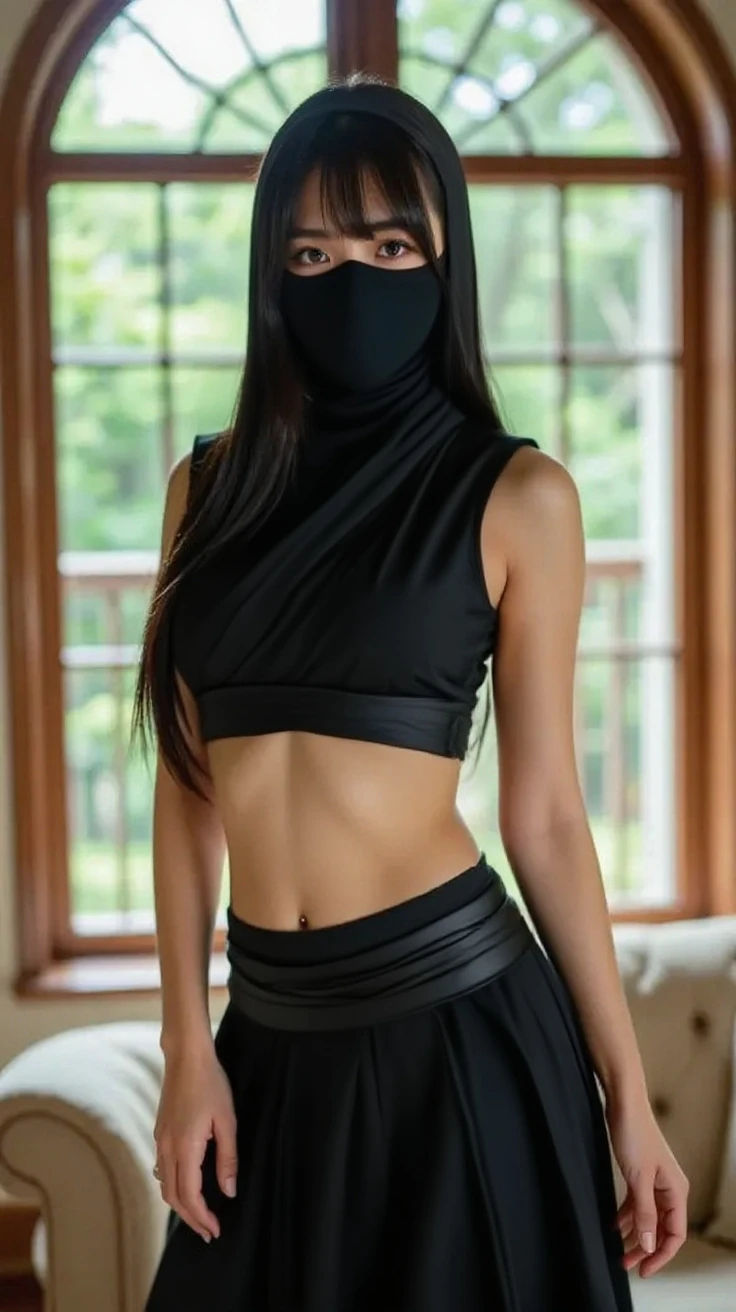 (lifelike, high - resolution:1.3),full body , 1 girl with a perfect body, Super fine face and eyes,slong hair, midriff of black colors:1.2, black shiny leggings,face veil, big boob,Expose cleavage, ninja pose.