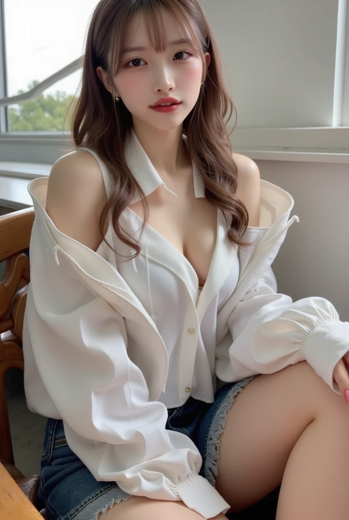 (Best quality, High resolution, Masterpiece :1.3), A tall and pretty woman, Slender abs, Dark brown hair styled in loose waves, Breasts, Wearing pendant, White button up shirt, Belt, Black skirt, (Modern architecture in background), Details exquisitely rendered in the face and skin texture, Detailed eyes, Double eyelid