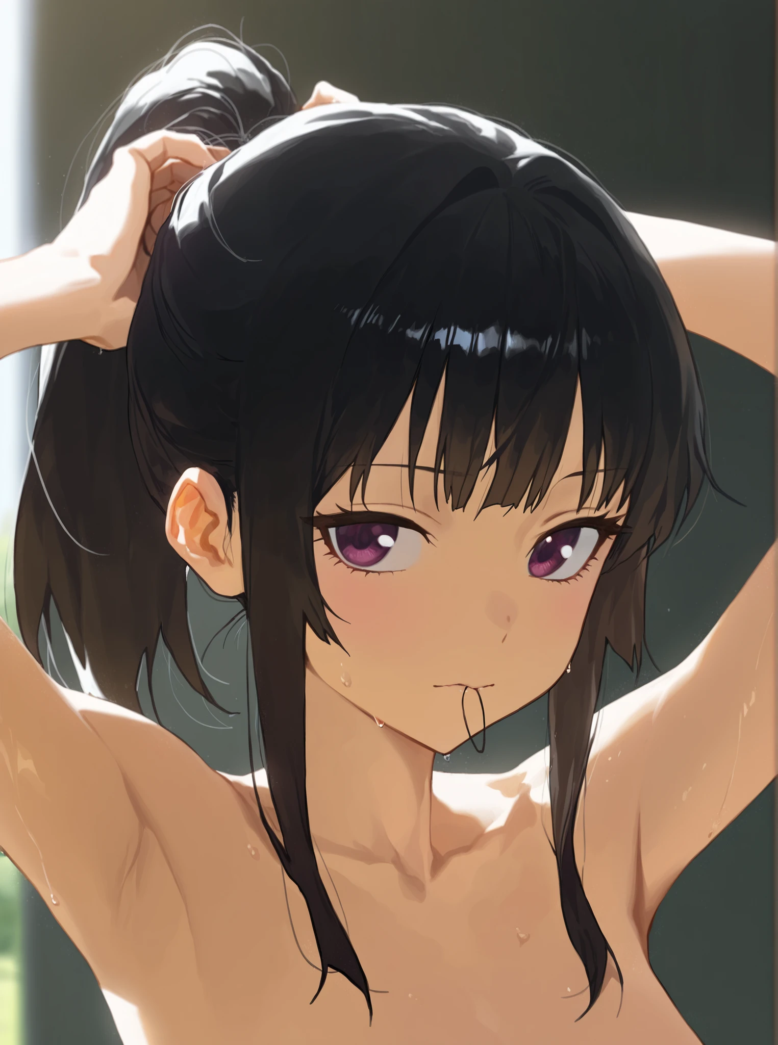 nsfw,suzune horikita, (Red eyes:1.3),Grassland,cowboy shot,(lying),Medium chest,Hair Ribbon,Arms above head,Upper body naked,White panties,(sweaty,Pussy line,wet),((Bukkake,bukkake))