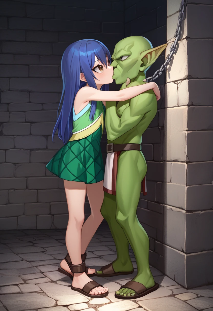 (best quality, top quality), masterpiece, best quality, kagari atsuko, 1girl, solo, red eyes, long hair, brown hair, dungeon, nude, nipples, pussy, metal collar, closed mouth, barefoot, shackles, wrist manacles, leg shackles, medium breasts, thighs, happy, smile, magical girl, wand, full body,