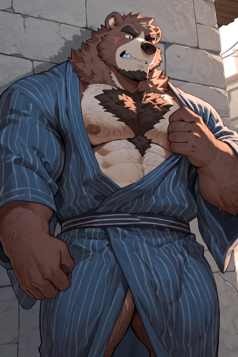 NSFW, ((whole body)), standing, ((nude), ((fat middle-aged akita inu man)), kick, BREAK (small penis with beautiful thin and tight foreskin:1.7)(hairy testicles)(flaccid:1.5), (1 testicles), (thin foreskin:1.5), ((brown eyes)), beautiful beard, beautiful ears, (male face:1.3), (big face:0.5), square jawline, (Male Eyes:1.2), (sharp eyes:0.8), (big eyes:0.5), male eyebrows, (innocent look:0.5), (beautiful black nails down to the last detail:1.2), BREAK (complete Anatomy), (detailed face:1.3), (detailed body), (detailed penis:1.4), (detailed testicles:1.4), (beautiful Hands:1.2), (detailed fingers:1.2), (detailed eyes:1.1), (beautiful Eyes:1.1), arm details, Leg Details, beautiful feet, BREAK muscular, chubby, body hair, ((hairy skin)), fluffy, pubic hair, (white belly:1.3), (detailed brown nipples:0.8), (blood vessel:-0.8), (glowing Skin:-0.7), (chest hair:0.5), (1 tail), (a beautiful and detailed small tail), (kimono), BREAK Moonlit Night, kyoto, field, ultra detailed, highest quality, ultra-high resolution, realistic, 16K, masterpiece, beautiful detailed, perfect solution, absurdists,