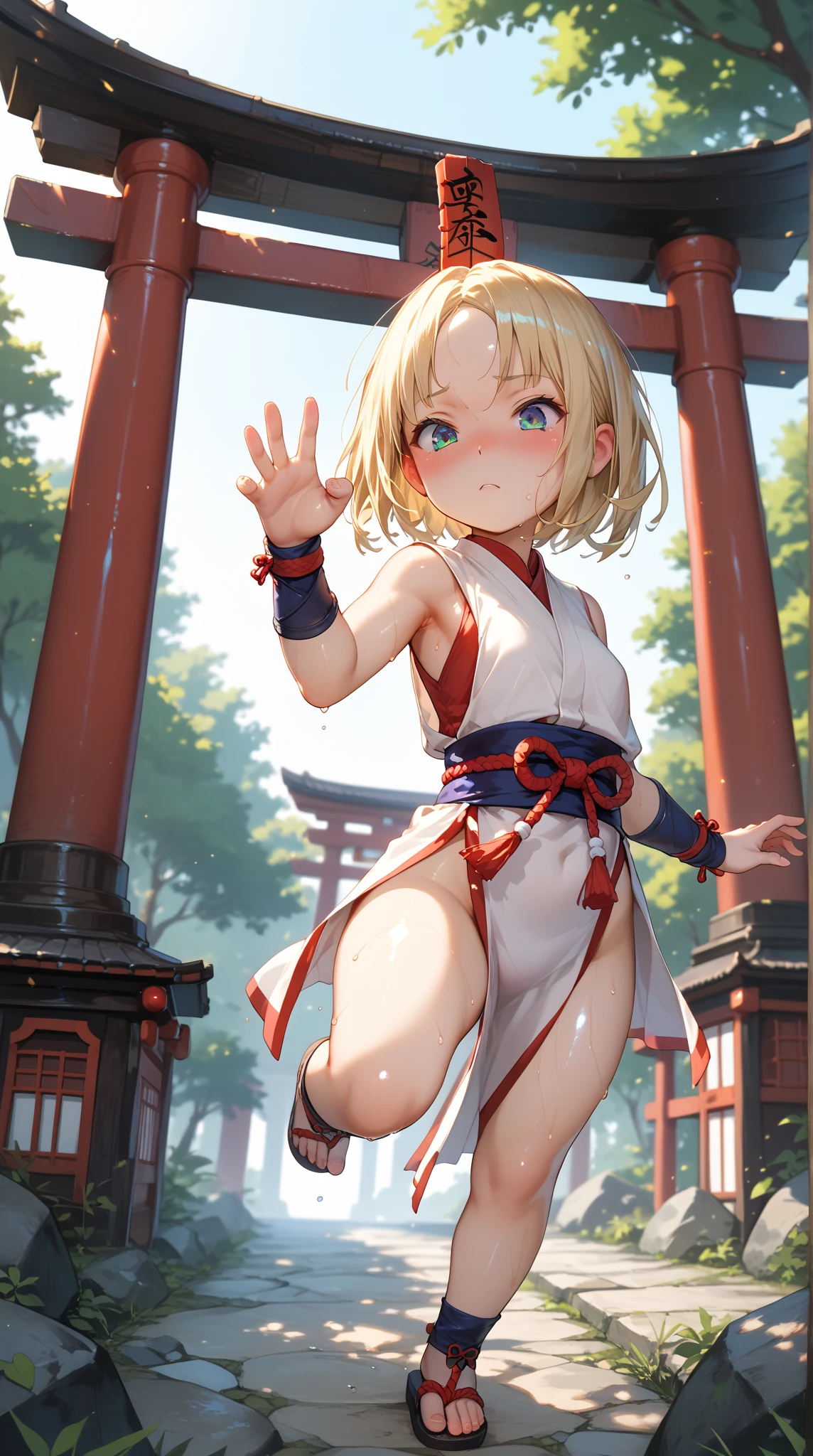 (masterpiece, best quality, detailed), 1girl, solo, looking at viewer, briar, blonde hair, red eyes, short hair, earrings,
<lora:attire_nakedbandage:1>, naked bandage, outdoors, night, torii, shrine, east asian architecture, praying, own hands together, own hands clasped, glaring, closed mouth, nose blush, embarrassed