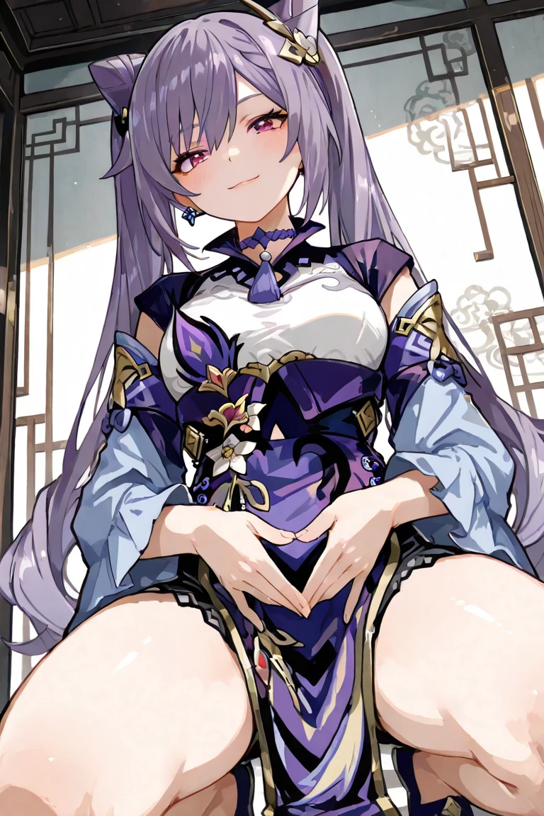 masterpiece, best qualityï¼<lora:sganyu_new_xl:1>ï¼keqing, 1girl, solo,high heels, looking at viewer, blush, hair ornament, black gloves, bare shoulders, gold trim, thighs, alternate costume, detached sleeves, chinese knot, neck bell, thighlet, smile, legs, black footwear, sitting, elbow gloves, flower knot, china dress, tassel