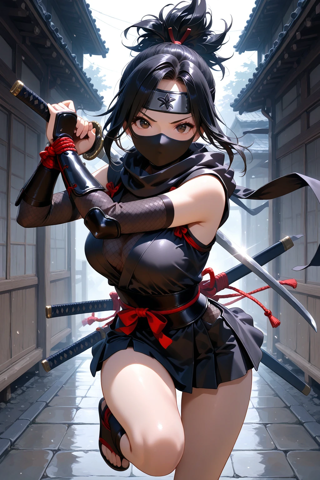 (((Best quality, 8k, Masterpiece: 1.3)), ((best quality)), ((masterpiece)), (detailed), perfect face, black hair, side ponytail, mouth veil, (ninja), female ninja, grim expression, holding a Japanese sword, running in the dark night, Ninja costumes，open legs，shy