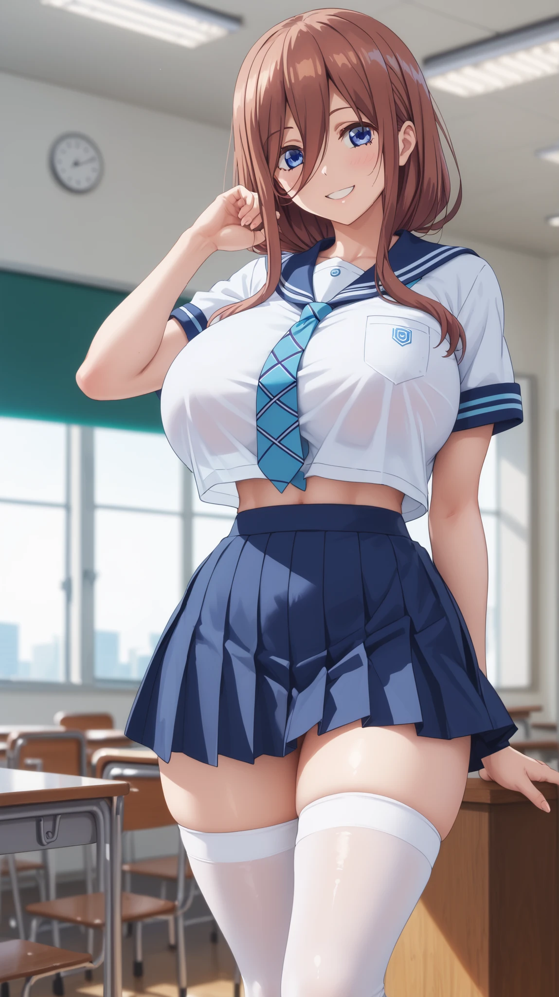 highest resolution, 8K ,Best Quality, high detailed, semi-realistic anime, Anime 3D Style, Smooth Anime CG,1 girl in,14year old woman in Japan, slim, modeled, shiny chestnut hair, Medium Hair, school Sailor Suit, (clothes lift), (show bra), Junior High, Short sleeve, Navy blue mini skirt, White knee-high socks, Black leather shoes, School bag, in the school classroom, smile, Facing forward,