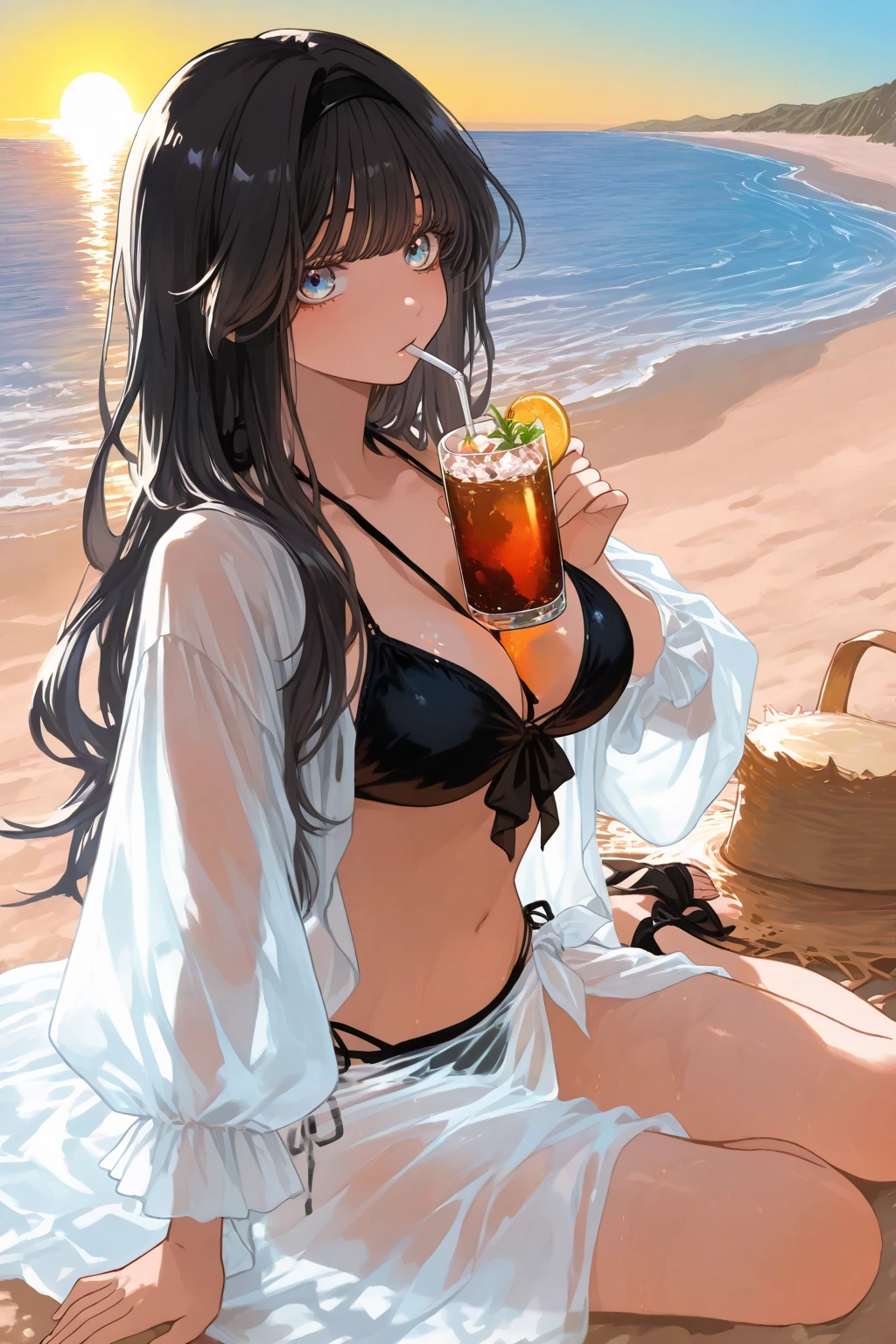 (best quality),(masterpiece),(ultra detailed),masterpiece, best quality, very aesthetic,intricate details,cowboy shot, 1 girl,(realistic clothes 0.1),medium breasts, from front,look at viewer, break,resort beach,crowd, break,finger guns, break,fair skin,barefoot,holding beer mug,smiling, o,break, wearing bikini swim wear,beautiful flower silhouette double exposure projected onto a entire the bikini swimsuit 1.5,