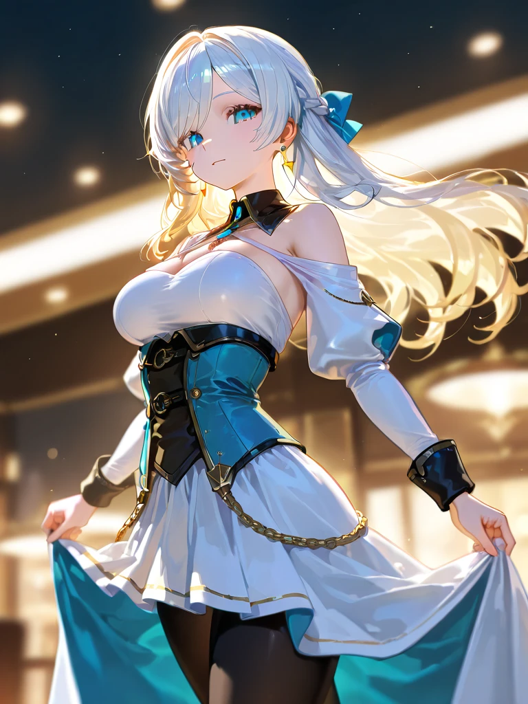 (masterpiece:1.2, highest quality), (realistic, photorealistic:1.4), beautiful illustrations,
looking at the viewer, whole body, Front view:0.6,
1 female, 23 years old, Japanese, ((light blue hair:1.5, twin tails:1.5)), blown hair, bangs, hair between eyes, ((Height: 167cm, C-cup elastic breasts, thin waist, peach butt))
beautiful hair, beautiful face, beautiful and detailed eyes, (yellow eyes:1.3), beautiful clavicle, beautiful body, beautiful breasts, beautiful thighs, beautiful feet, beautiful fingers,
(A beautiful concert stage)
((polka dot dress:1.3, detailed accessories, vest, mini skirt)), white panties,
(Are standing, Grasp the hem of the skirt with your right hand, Put your left hand on your chest, hand between legs, open legs:1.3),
(Look at the viewer while blushing:1.3), ((gorgeous idol costume:1.5))