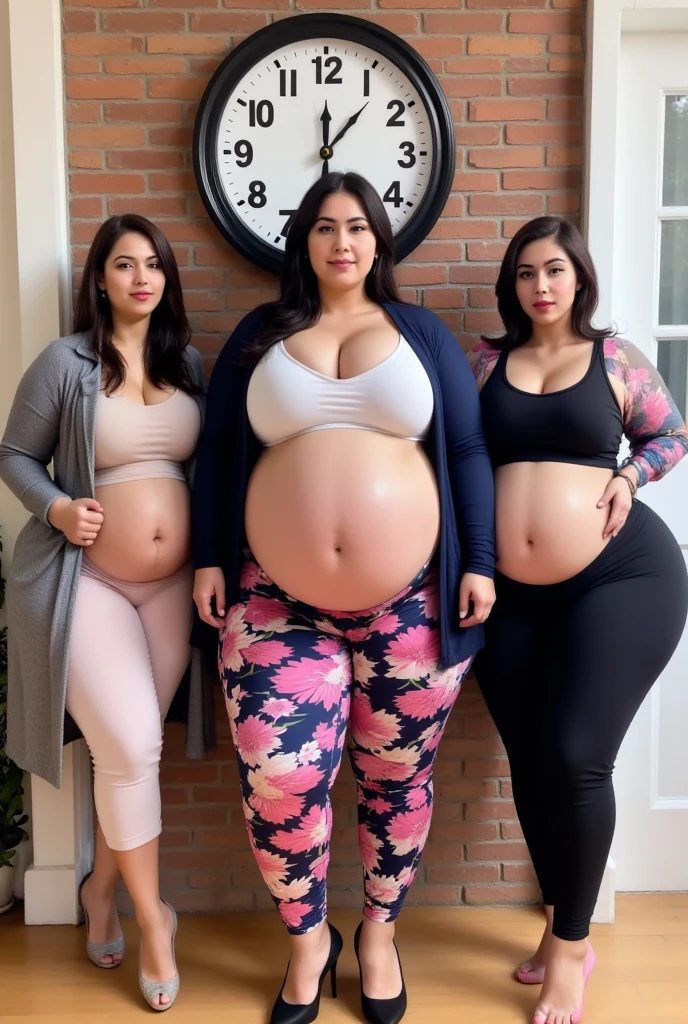 A woman pregnant with triplets wearing leggings and a white t shirt too small for her big belly to fit over