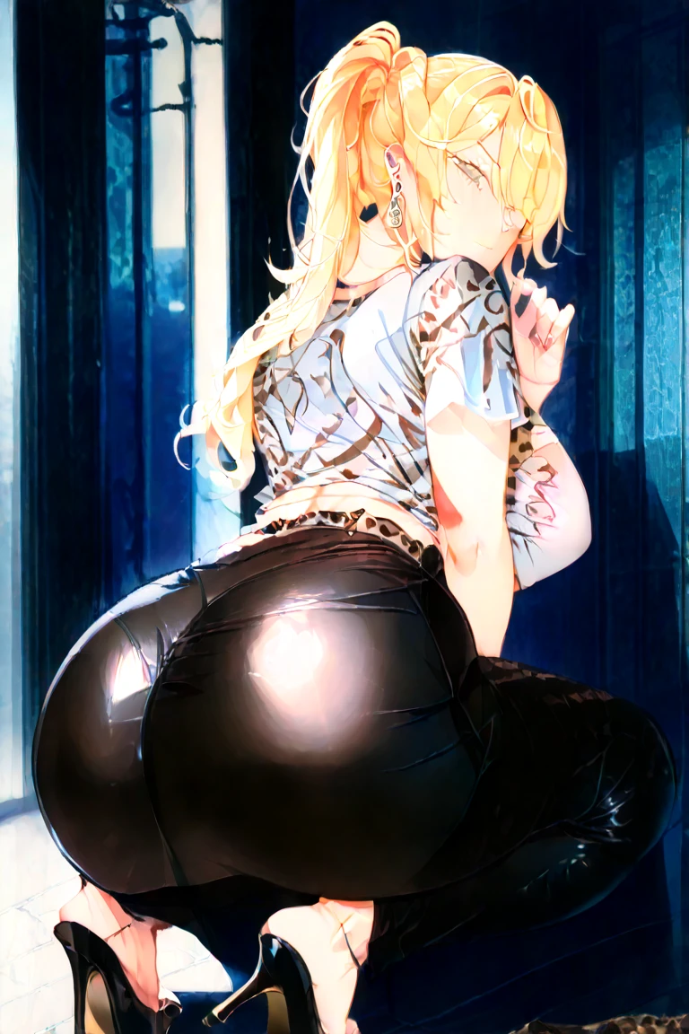 (perfect anatomy), masterpiece, highest quality, High resolution,blue eyes,long hair,hair between eyes, hair ornaments,golden hair,Slightly curly hair,Bloomers, Delicate limbs,1 woman, blush a little,Saliva leaks from the mouth,open your mouth and stick out your tongue, Melted face , love with the shadow of a penis,  (embarrassed,blush:1.3), nsfw,(ecstasy:1.3) ,(slut:1.2),(vulgarity:1.3),(fucked silly:1.1),(steam:1.1),(wet:0.8),(trembling:0.8),(tears:0.7) ,(drooling:0.6),(sweat:0.8), open mouth, wince,(orgasm:1.5),awaiting tongue, Slender body, Fellatio Gesture, (looking back), Big Hip, Big Breasts, (Look Back), Big Hip, (Turn around), (On all fours), Sticking out your butt, (Back view), From behind, Show the soles of your feet, Plump ass, Doggy Style

