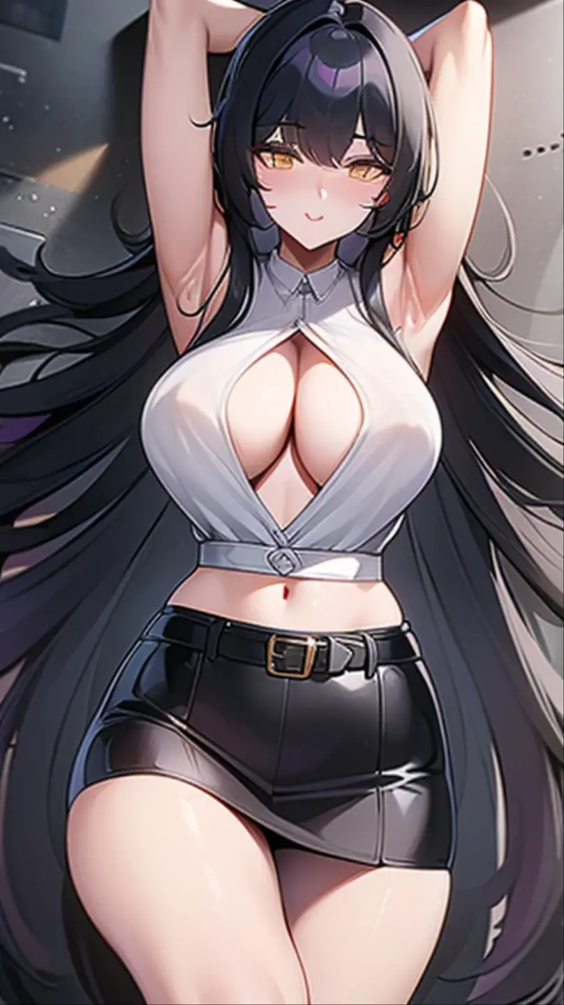 1girl, solo, breasts, smile, large breasts, black hair, thighhighs, navel, animal ears, cleavage, jacket, tail, boots, shorts, choker, midriff, belt, hair over one eye, black jacket, crop top, short shorts, black choker, piercing, white wolf ears, ear piercing, white wolf tail, female, wolf girl, asia human fase