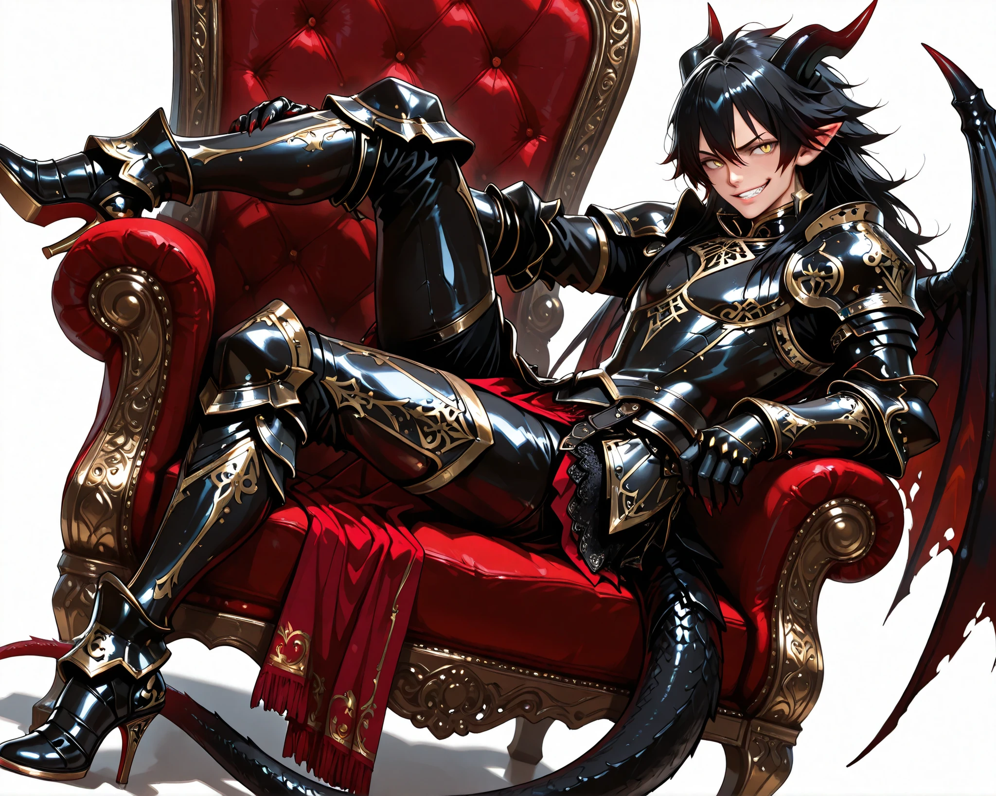 score_9, score_8_up, score_7_up, absurdres, (((128K Ultra High Resolution))), (masterpiece, best quality: 1. 5), (high definition: 1, 4), (highres), 8K wallpaper, (excellent graphics: 1. 5), CG, (((Japanese Anime style))), (1 male), solo, ((lean body, masculine)), weredragon, glossy black, shiny black leather, ((beautiful golden eyes, finely detailed eyes, bright eyes, slit pupils)), hair between eyes, black hair, long hair, sideburns, wild hair, (sly grin, sinister grin, smirk), teeth, confident, ((ultra detailed face)), shiny skin, long pointy ears, twisted torso, long-legged, sculpted face, wasp waist, dragon horn, dragon tail, dragon wings, dragon sharp claws, (black armor with a lot of grandiose decorations: 1. 5), half dragon half human, (sit cross-legged, closed legs, sit sideways, luxury antique red plush velvet chair: 1. 5), (dramatic angle, dynamic pose: 1. 5), (ultra detailed black armor, well-polished black armor: 1. 5), (gold-adorned armor: 1. 5), all black outfit, full body, emphasize face, sharp focus, good-looking man, (best illustration, highly detailed artwork: 1. 5), (cinematic), dramatic lighting, (intricate detail, extreme detailed, super detailed: 1. 5), chiseled features, (stark contrast, heavy shadows: 1. 3), detailed black decorations, beautiful & aesthetic, photoreal, (from side), (mysteriously crafted black metal armor: 1. 5), thick & luxuriant hair, (ultra detailed fantasy black armor, wonderful black armor: 1. 5), (realistic metal texture), broad shoulder, true-to-life visuals, artistically refined, (extremely delicate & beautiful armor, elaborate armor details: 1. 5), (giant black armor, dark armor, stylized armor: 1, 5), (((armor-type high heels))), (extremely detailed armor with intricate engravings, intricate armor with gold ornaments: 1. 5), ((very gorgeous and dazzling)), (dark fantasy black knight: 1. 5), slim waistlines, wide chested, sinewy body, (Hyper Detailed & Perfectly Designed Black Armor: 1. 5), (simple white background)