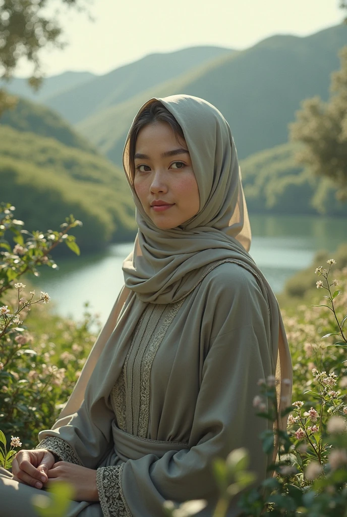 beautiful indonesian girl , smooth white skin, well-groomed face,Long light green hijab..,The hijab is blown loose by the very strong mountain wind, wearing a long wide dress.Light green color,  Long Sleeve Balloon Model, Closed chest section ,decorated with floral motifs, smiling gracefully posing looking at the camera. Standing among the tall grass. On a very beautiful and amazing mountain Under a cloudy sky covered in clouds, Background seen from the top of the mountain, lush green rice fields and a very beautiful exotic countryside., 

