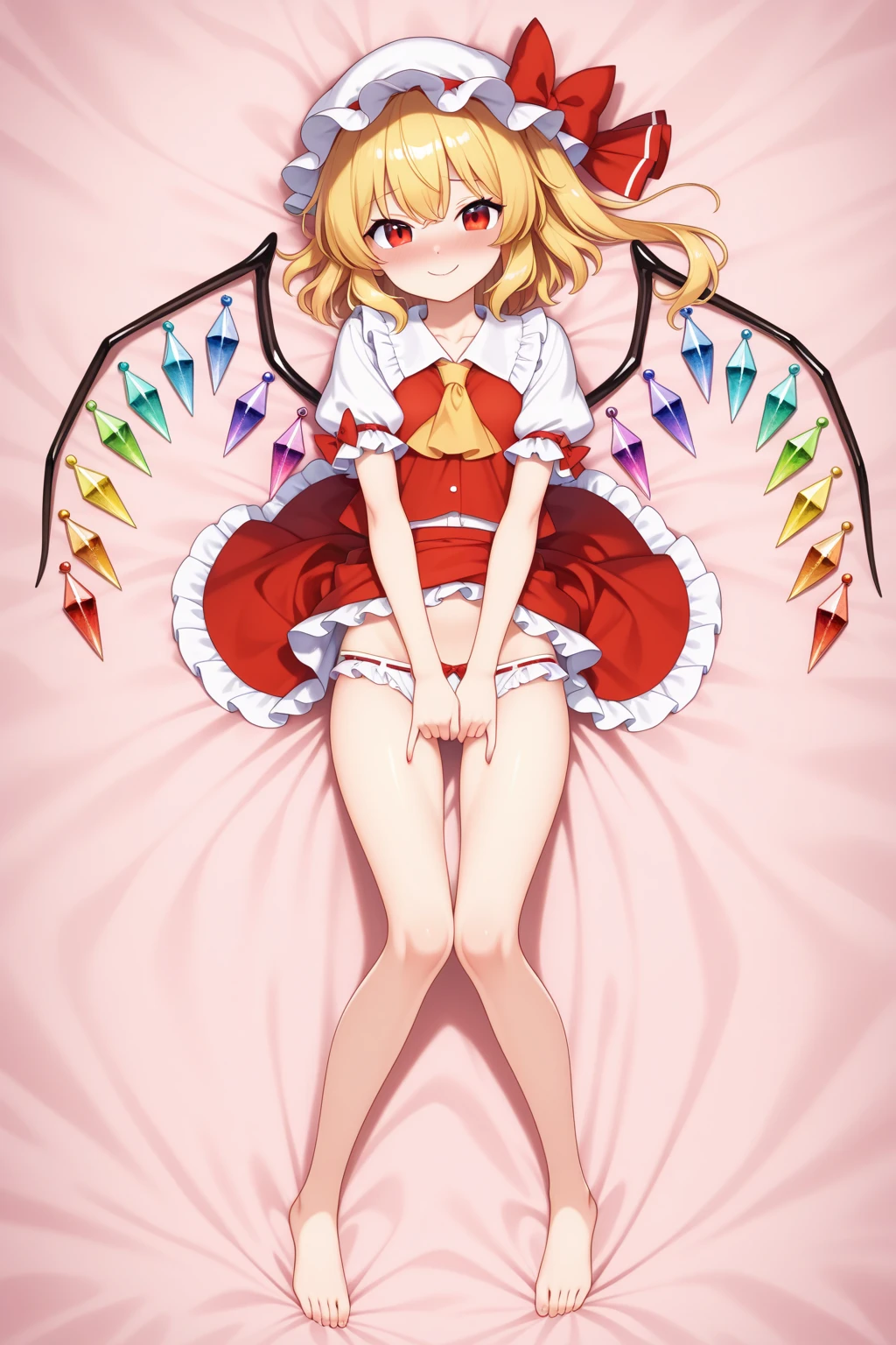blonde_hair, wings, red_eyes, crystal, bangs, hat, one_side_up, ribbon, mob_cap, bow, blush, smile, vest, white_headwear, red_vest, ascot, hair_between_eyes, red_bow, red_ribbon, upper_body, hat_ribbon, yellow_ascot, short_hair Standing Footjob POV male legs penis Sadistic smile Sperm on feet
