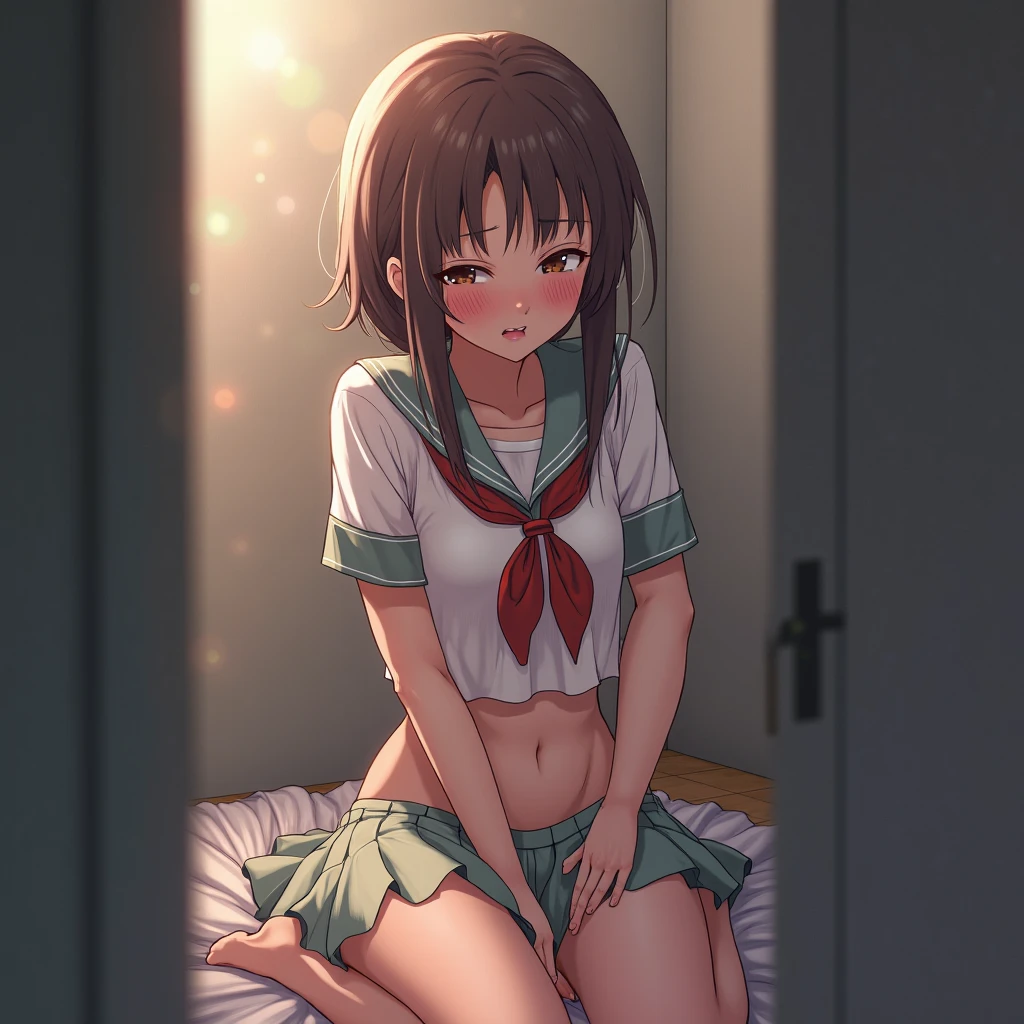 Tabletop, Highest quality,Surreal illustrations,Perfect focus, One Girl、((Girl:1.3))、Young Girl,Nogizaka_custom,About betting,((Sleep on your back:1.2)),(Spread your legs:1.5) ,(Ultra-thin white ultra-small panties,Very thin and tight white panties,Very thin wet white panties),(:1.4),View your audience, cute, ((Small breasts:1.5)),, Yellow Eyes, Yellow Hair, Long Hair,Beautiful attention to detail, detailedな肌,detailedな衣服,detailedなパンティー,detailed,Embarrassing, ((Are crying:1.4)),Late night bedroom background,(Low Position Shooting: 1.59),(Crotch close-up:1.53),Sweaty、((Nipples are visible、Beautiful nipples、Showing off nipples、Showing off genitals、Female genitalia is visible))、((Open shirt:1.4))