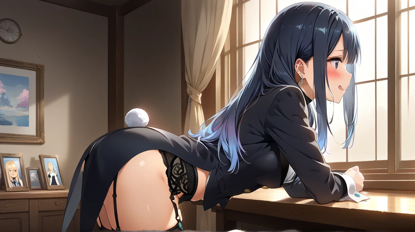 21 year old girl with back on all fours penetrated, trasero grande, sin ropa, sin ropa interior, cabello largo y oscuro, Shy look, Open mouth looking at the camera in a perverted way, mojado y enrojecido. Con deseo sexual.