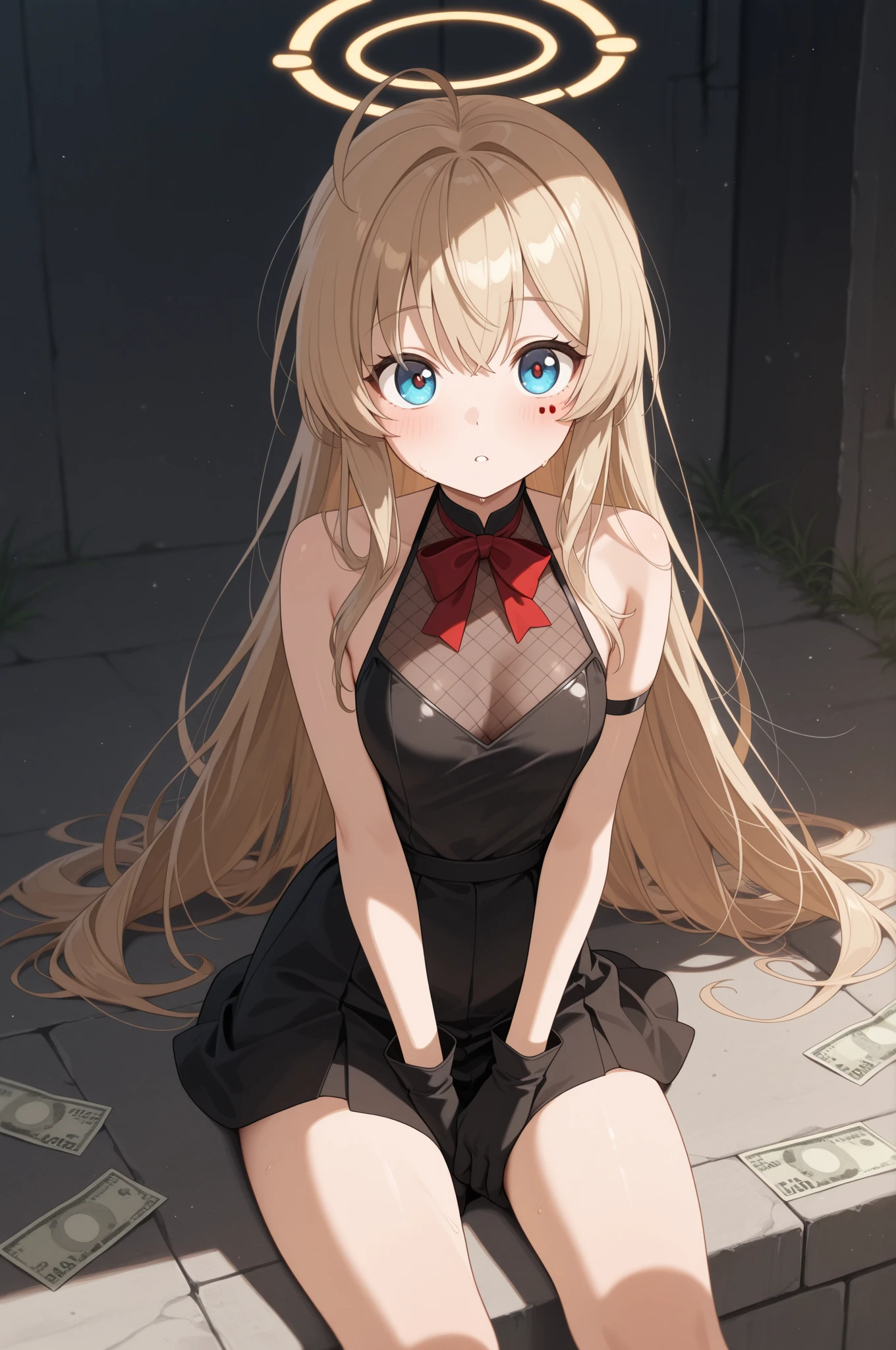 masterpiece, Highest quality, Perfect lighting, Facial Lighting, blonde, choker, Green Eyes, Long Hair, Black Sailor Suit, Japanese ,blush, Breakwatch Viewer, Outdoor break, Leaning against a wall,Hold the removed bra in your hand