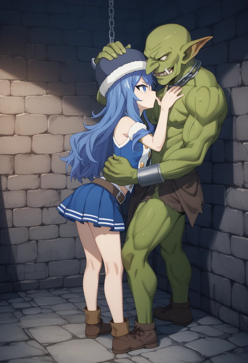 masterpiece, goblinriding, a goblin is riding a girl, goblin, (crawl on all fours), 1 girl, (greek clothing:1.1), (Nose hook), reins, collar, Lock, rope, Safir Martha, blue hair, long hair, blue eyes, little beast, dull bangs, horn, empty eyes, empty eyes, follow, Mind control