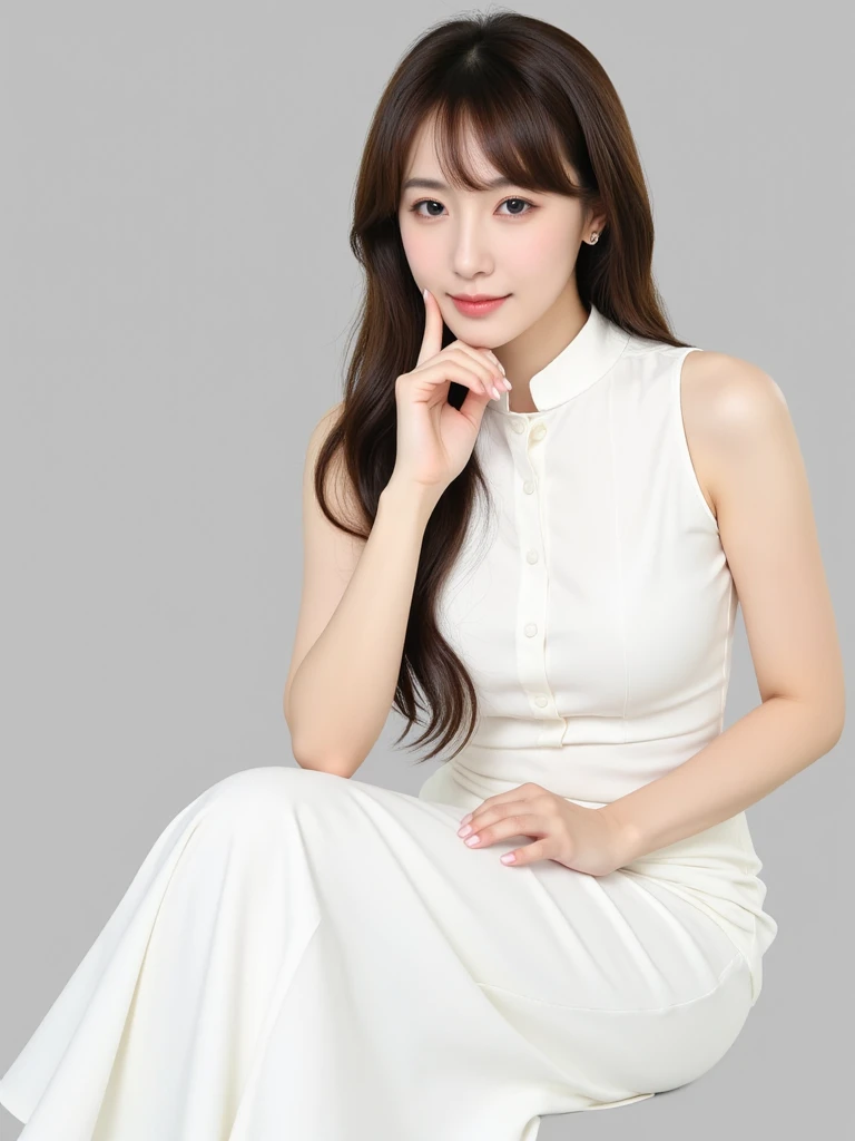 1 female-focused, a beautiful female model has a cosmetic bottle in her hands, wearing white shirt, the model's skin is healthy and clear, and the cosmetics bottle shines luxuriously, skin care, flower, cosmetics commercial photos, clean atmosphere, in the studio, shot on Hasselblad camera, medium format, dramatic lighting, luxury brand cosmetic